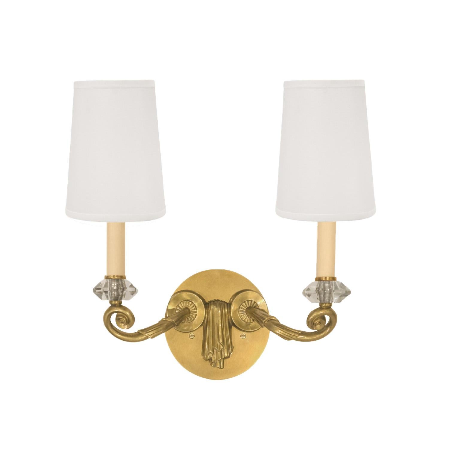 Art Deco Jules Leleu Set of Three Sconces with Faceted Glass Crystals Ca 1948 'Signed' For Sale