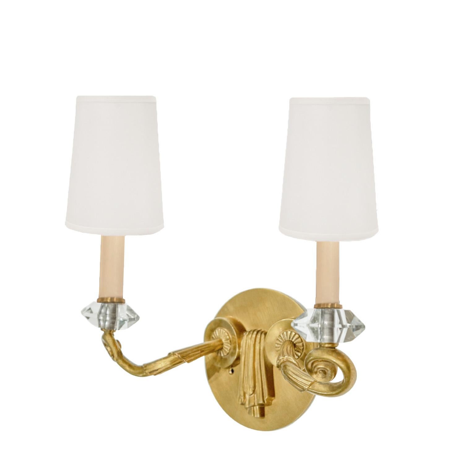 French Jules Leleu Set of Three Sconces with Faceted Glass Crystals Ca 1948 'Signed' For Sale