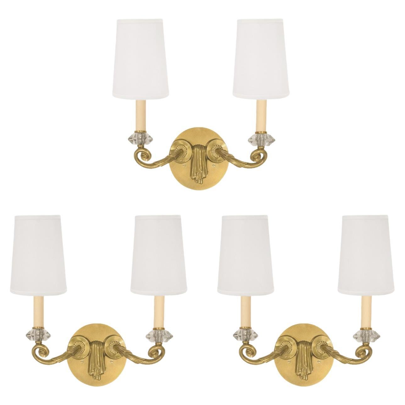 Jules Leleu Set of Three Sconces with Faceted Glass Crystals Ca 1948 'Signed' For Sale