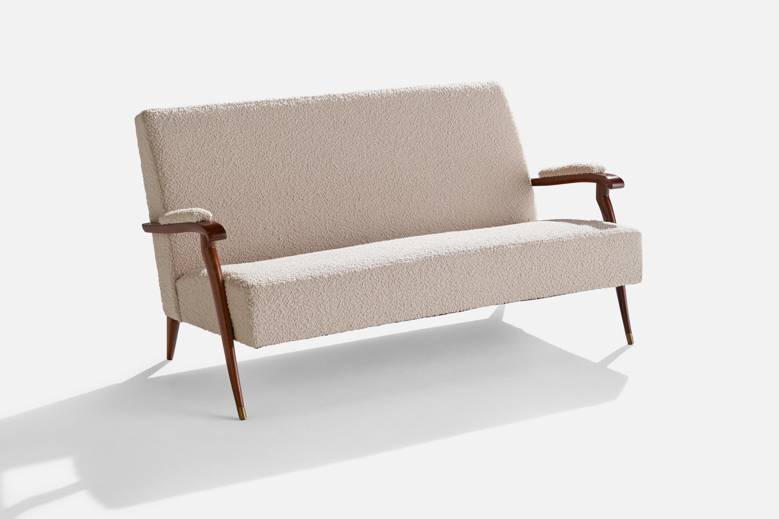A mahogany, brass and bouclé fabric sofa or settee designed and produced by Jules Leleu, France, 1960s.

Literature: Sirex, The House of Leleu, 2008, p. 327.

seat height 15.5”.

Reupholstered in brand new bouclé fabric.
 