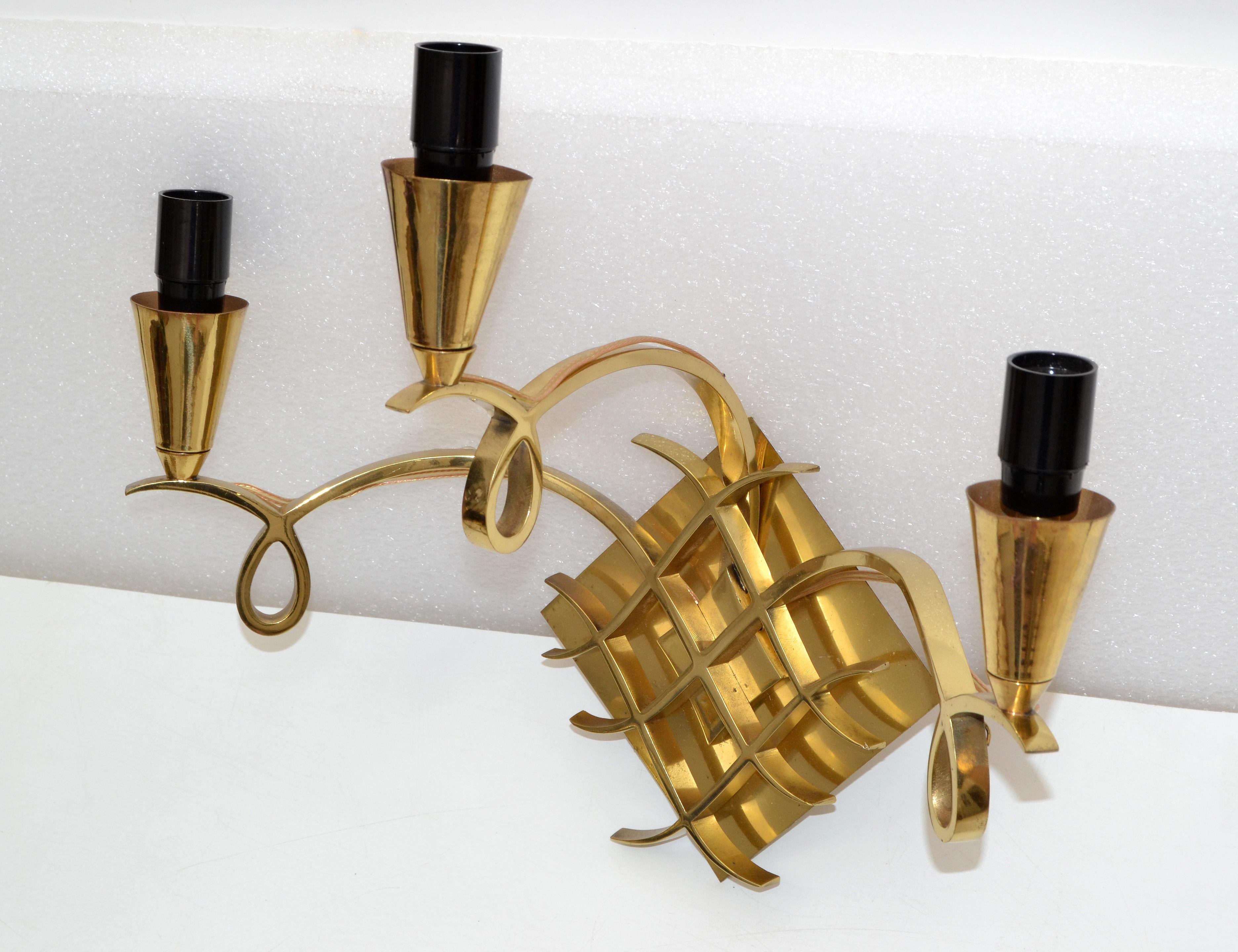 Jules Leleu Style Bronze Sconces 3 Arm Wall Lights France Black & Gold Shades For Sale 3
