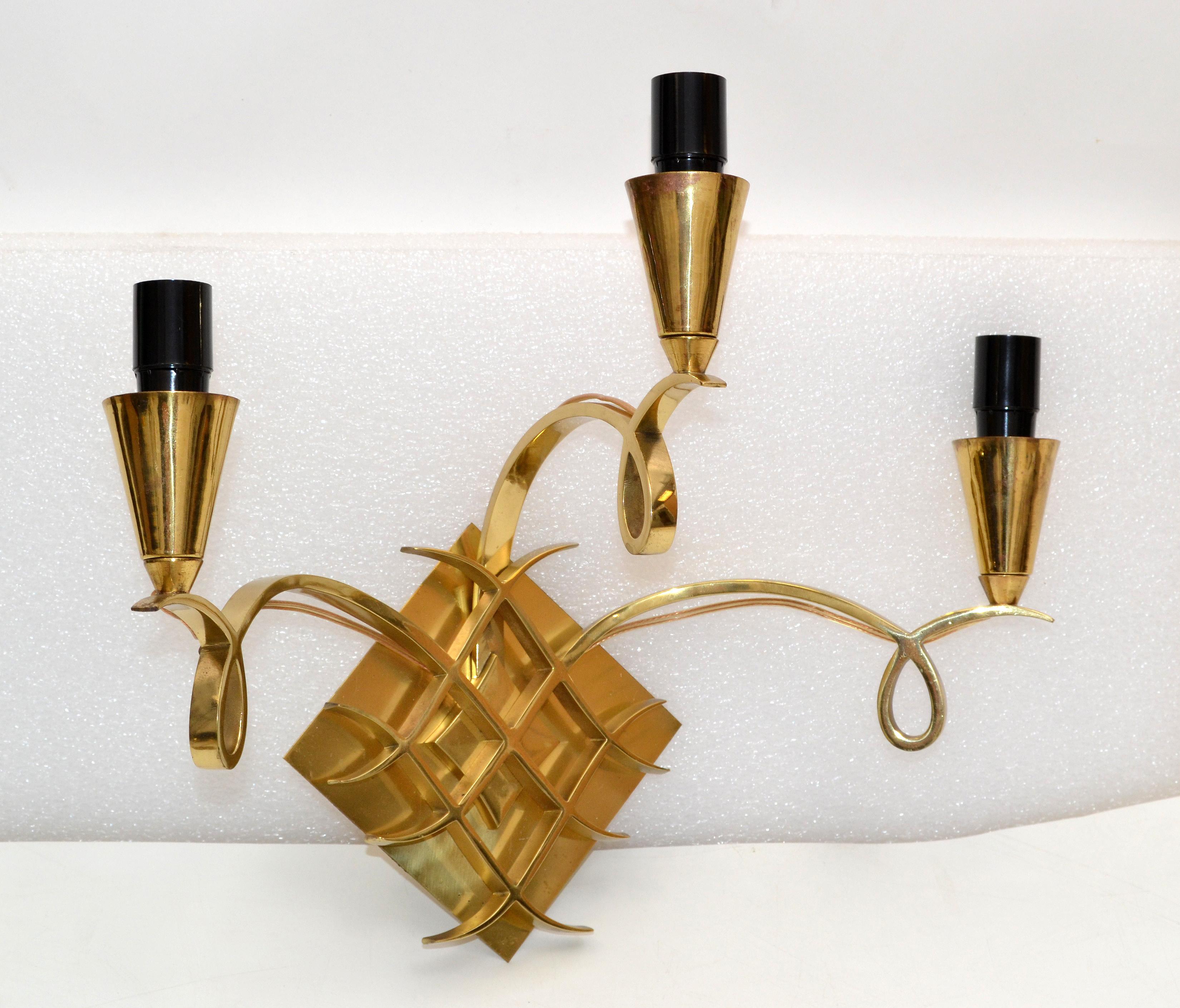 Jules Leleu Style Bronze Sconces 3 Arm Wall Lights France Black & Gold Shades For Sale 4