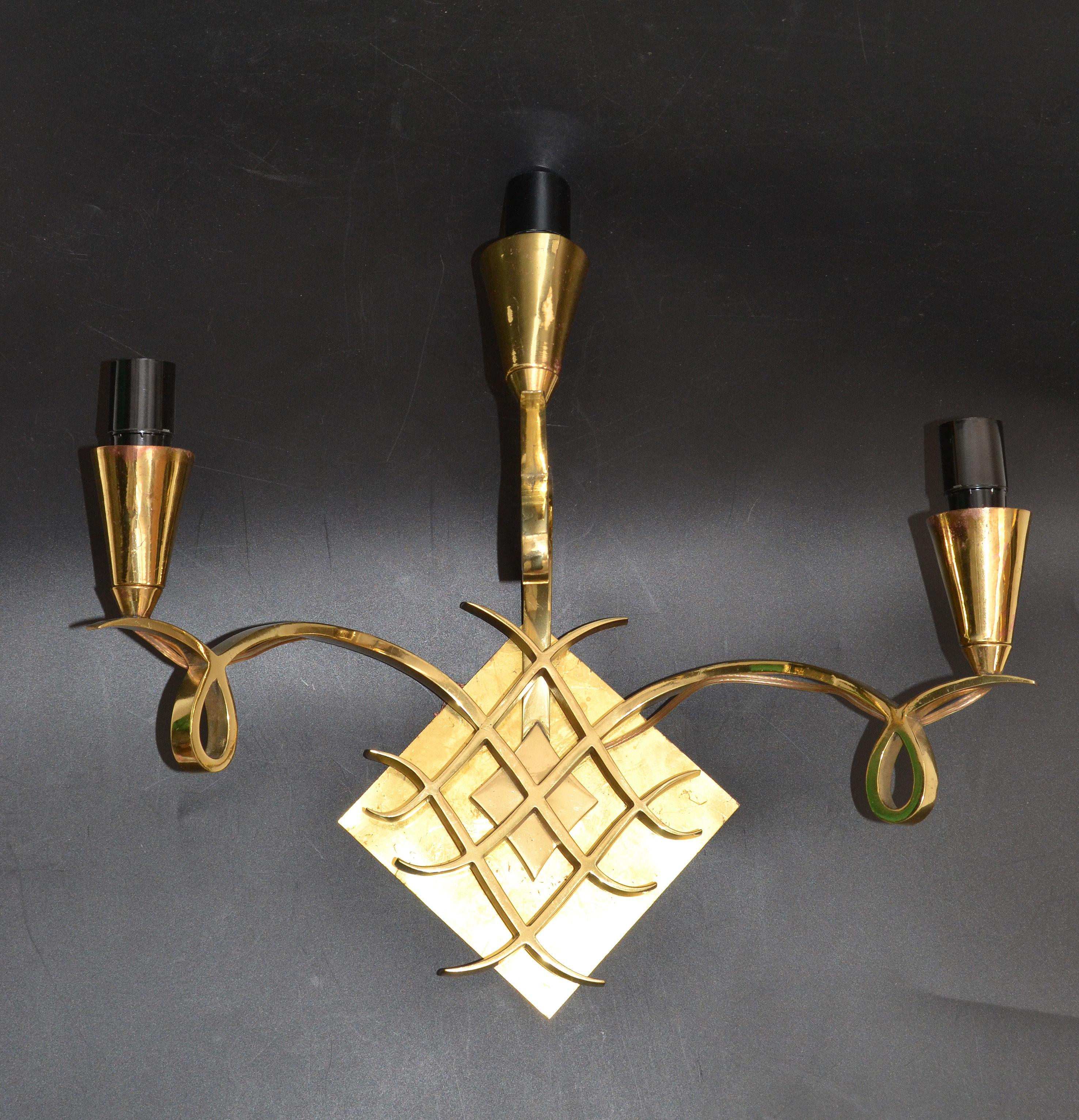 Jules Leleu Style Bronze Sconces 3 Arm Wall Lights France Black & Gold Shades For Sale 5