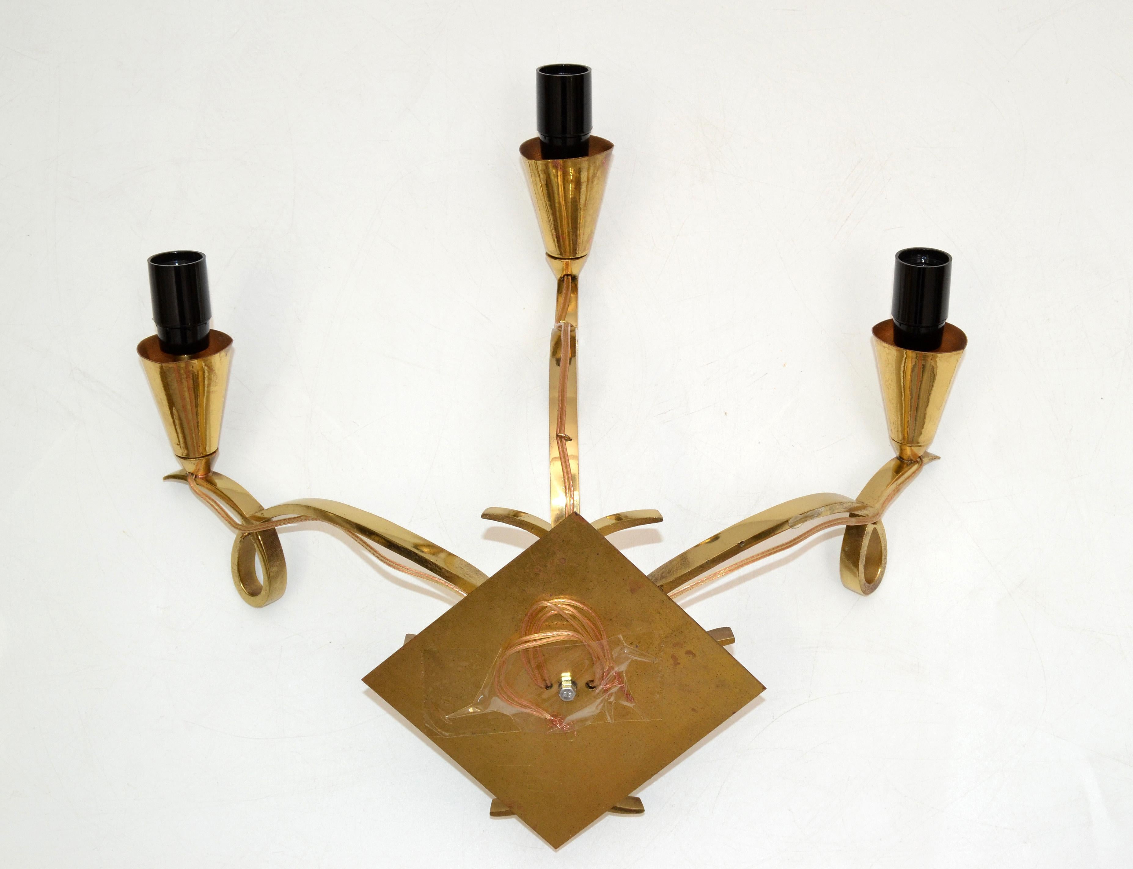 Jules Leleu Style Bronze Sconces 3 Arm Wall Lights France Black & Gold Shades For Sale 6