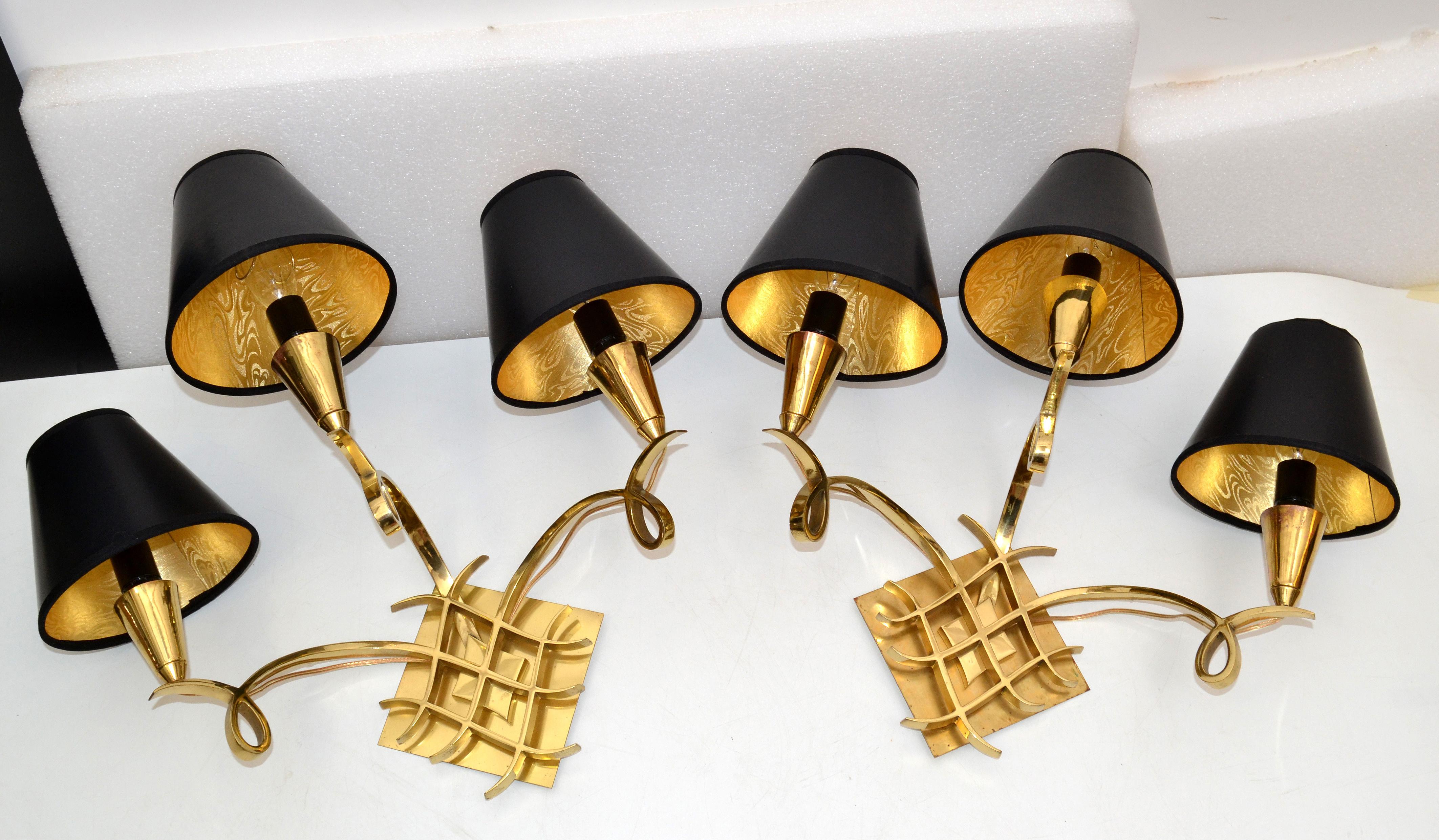 Jules Leleu Style Bronze Sconces 3 Arm Wall Lights France Black & Gold Shades For Sale 7