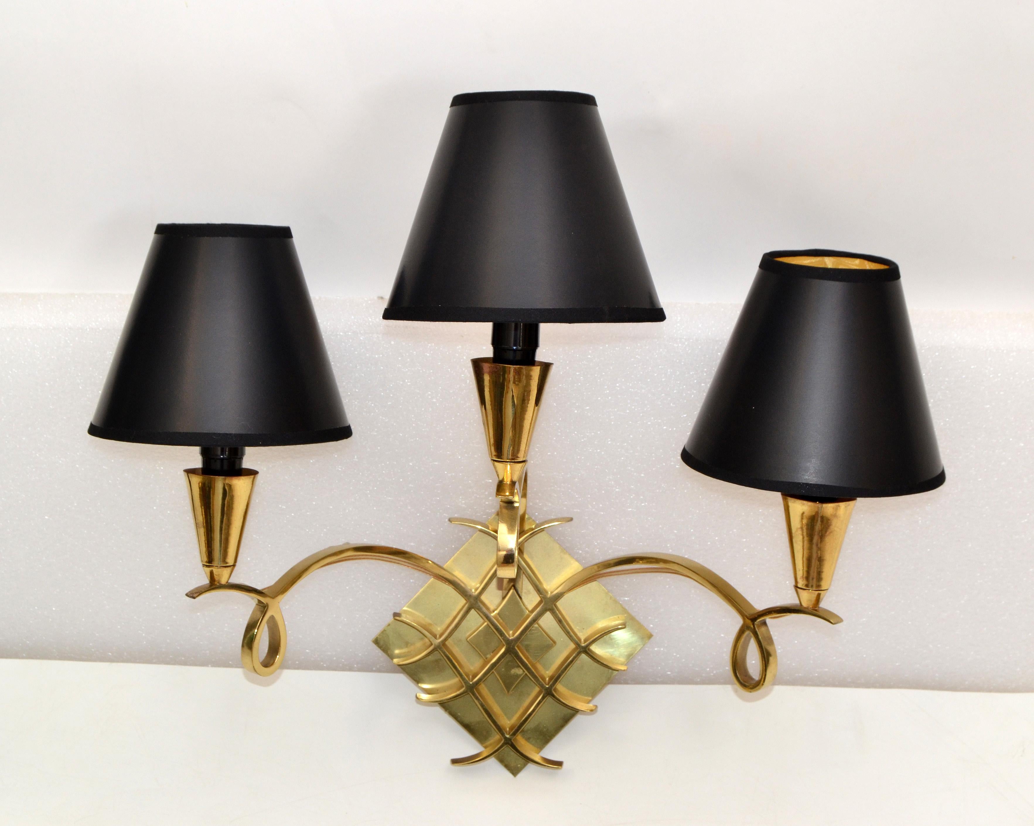 Mid-Century Modern Jules Leleu Style Bronze Sconces 3 Arm Wall Lights France Black & Gold Shades For Sale