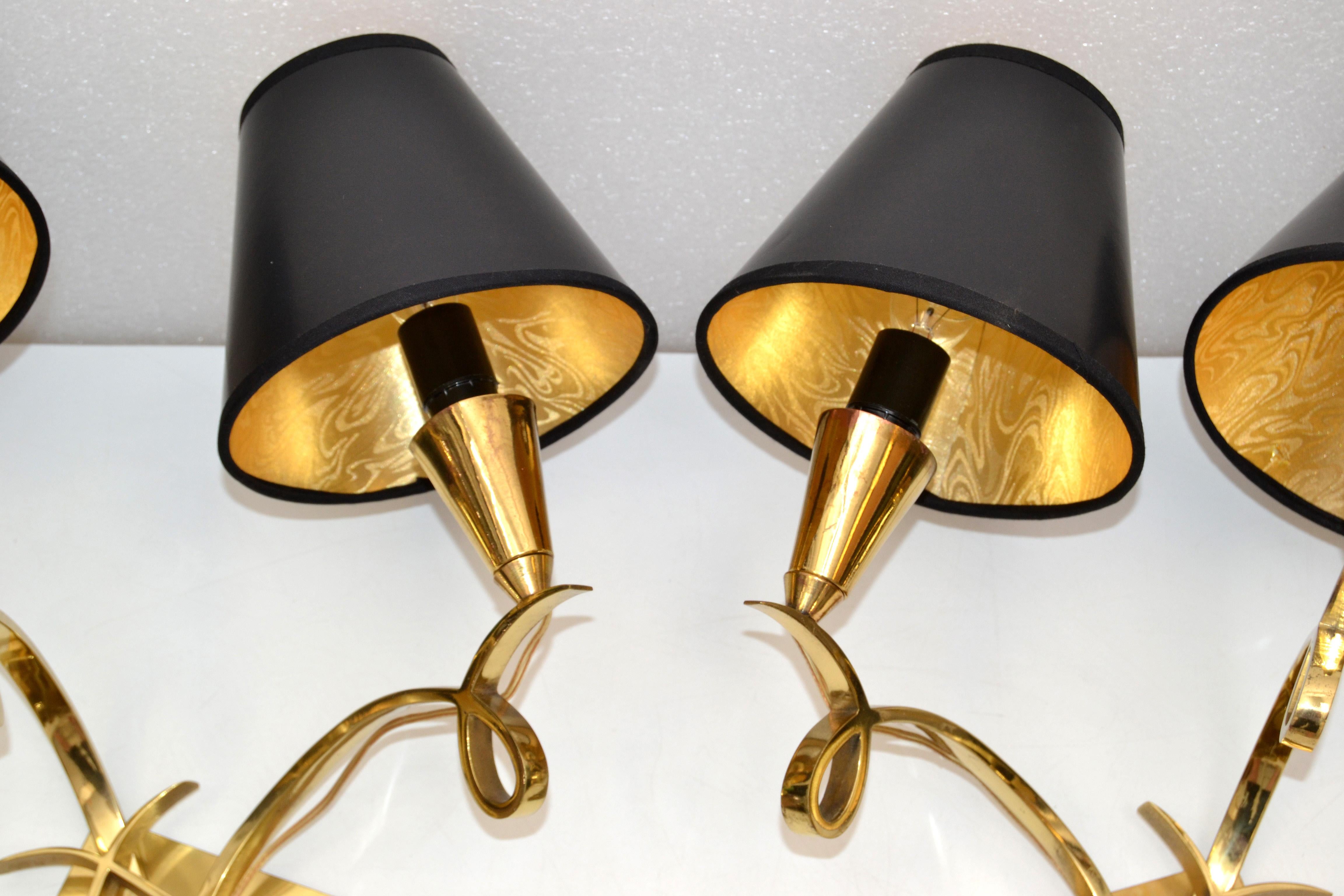 French Jules Leleu Style Bronze Sconces 3 Arm Wall Lights France Black & Gold Shades For Sale