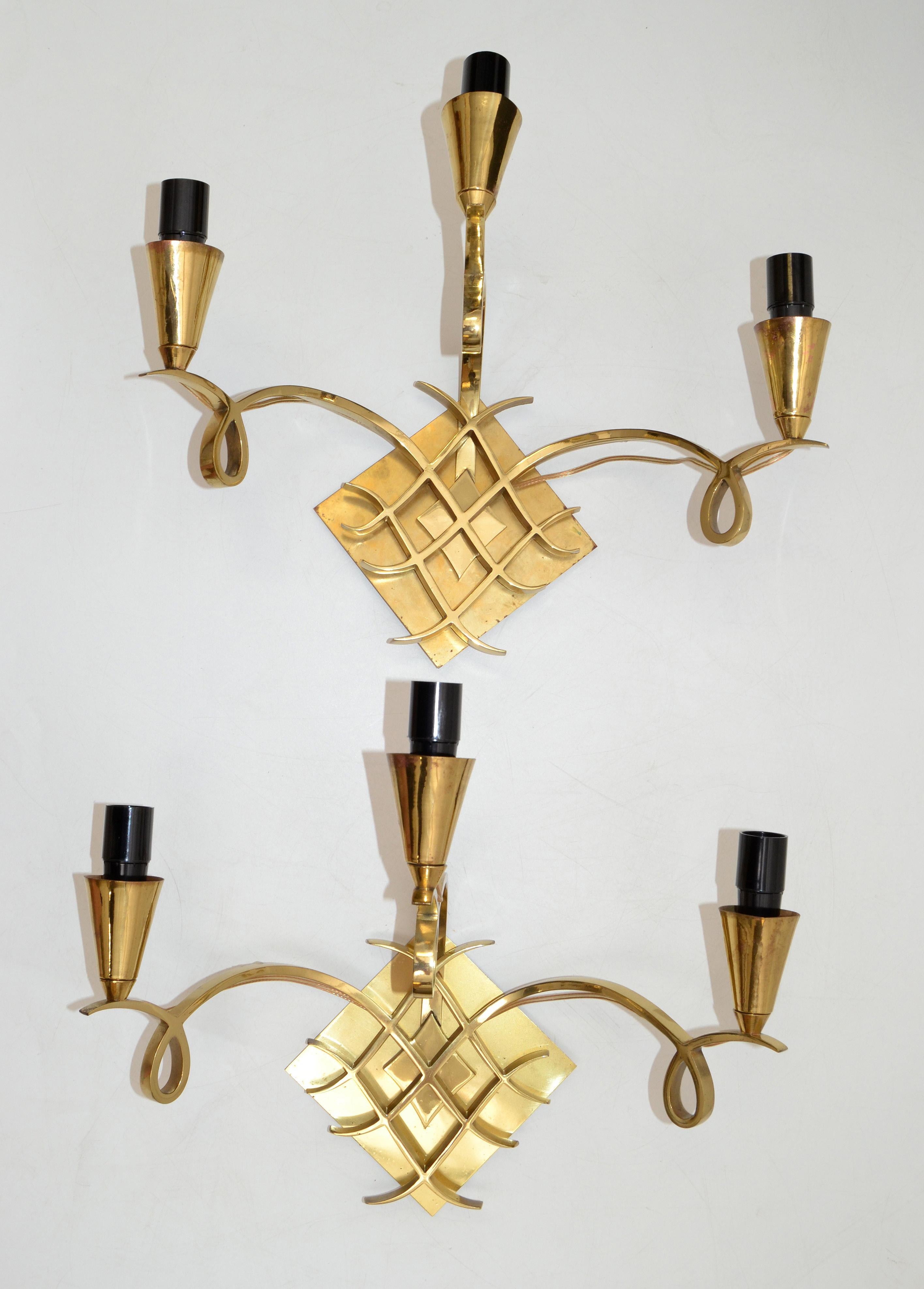 Other Jules Leleu Style Bronze Sconces 3 Arm Wall Lights France Black & Gold Shades For Sale