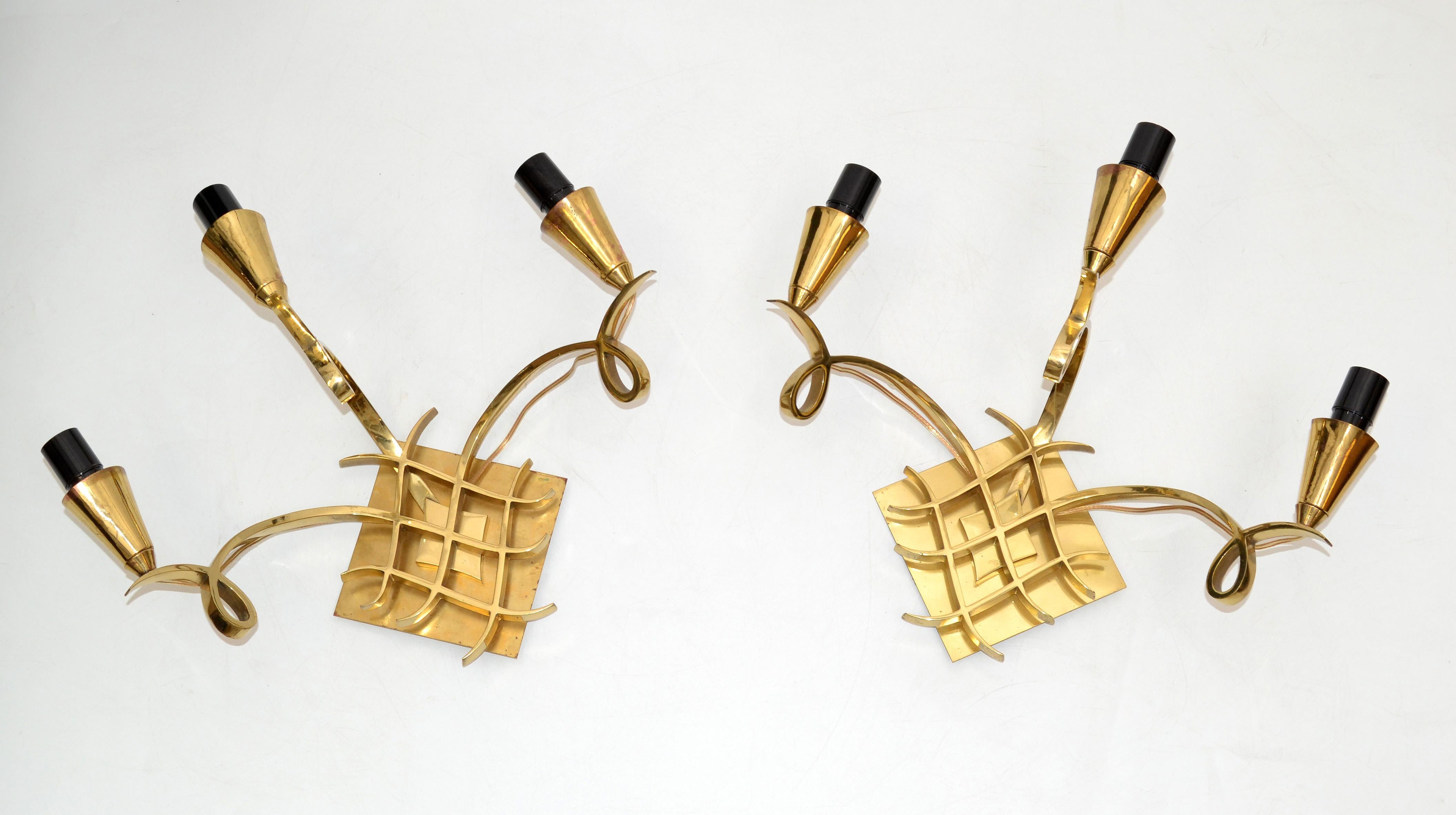 Jules Leleu Style Bronze Sconces 3 Arm Wall Lights France Black & Gold Shades In Good Condition For Sale In Miami, FL