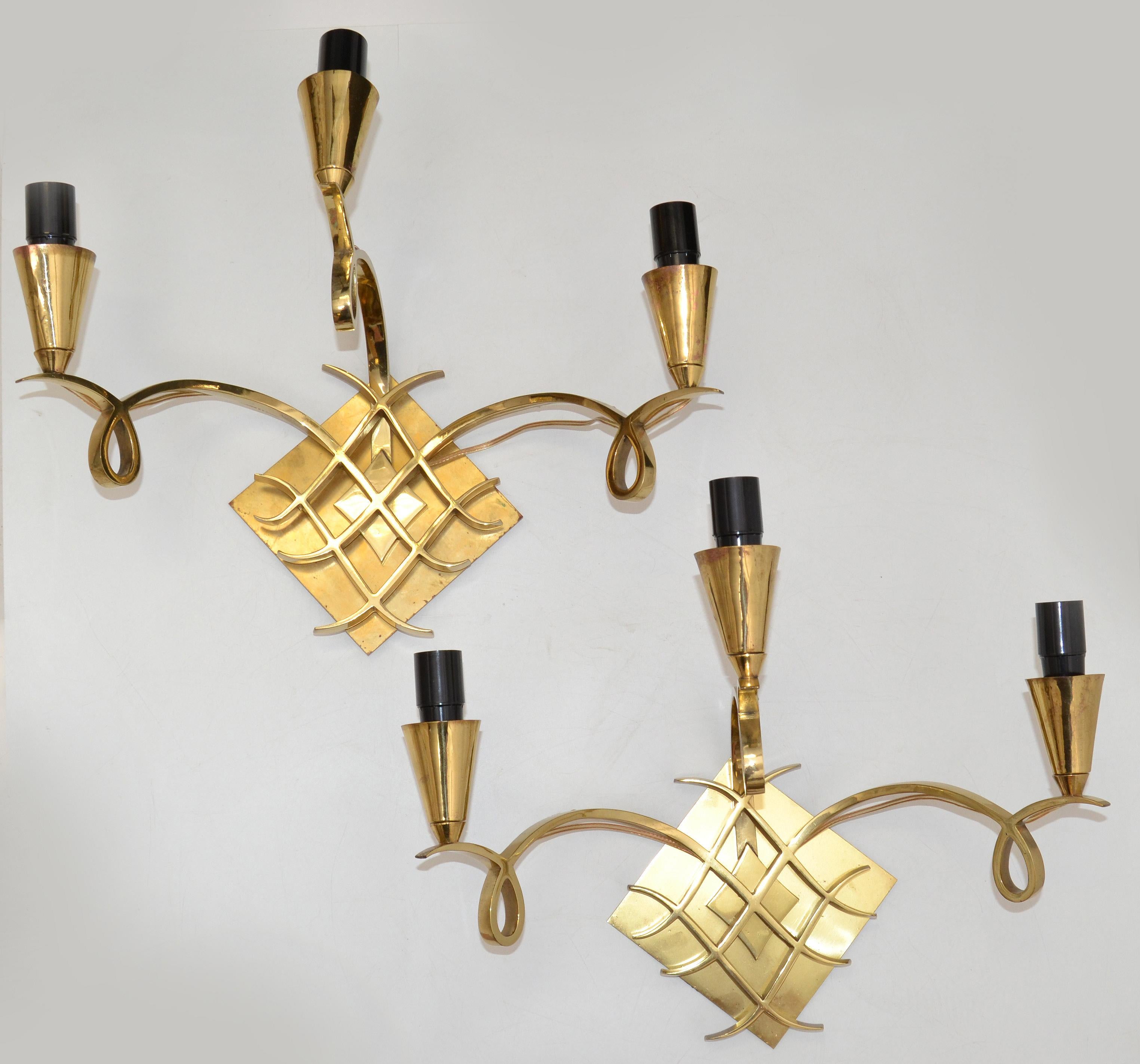 Mid-20th Century Jules Leleu Style Bronze Sconces 3 Arm Wall Lights France Black & Gold Shades For Sale