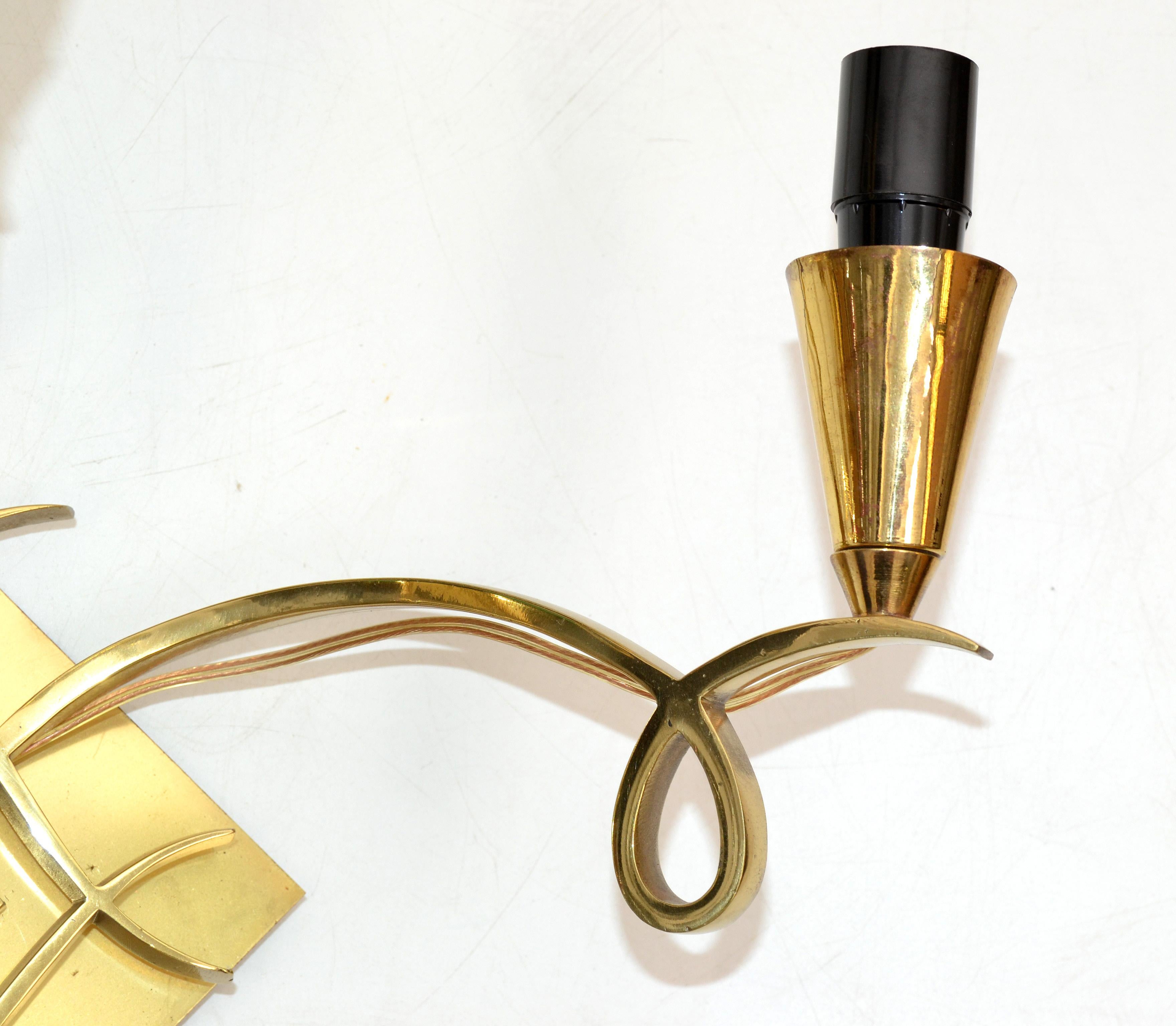 Jules Leleu Style Bronze Sconces 3 Arm Wall Lights France Black & Gold Shades For Sale 1