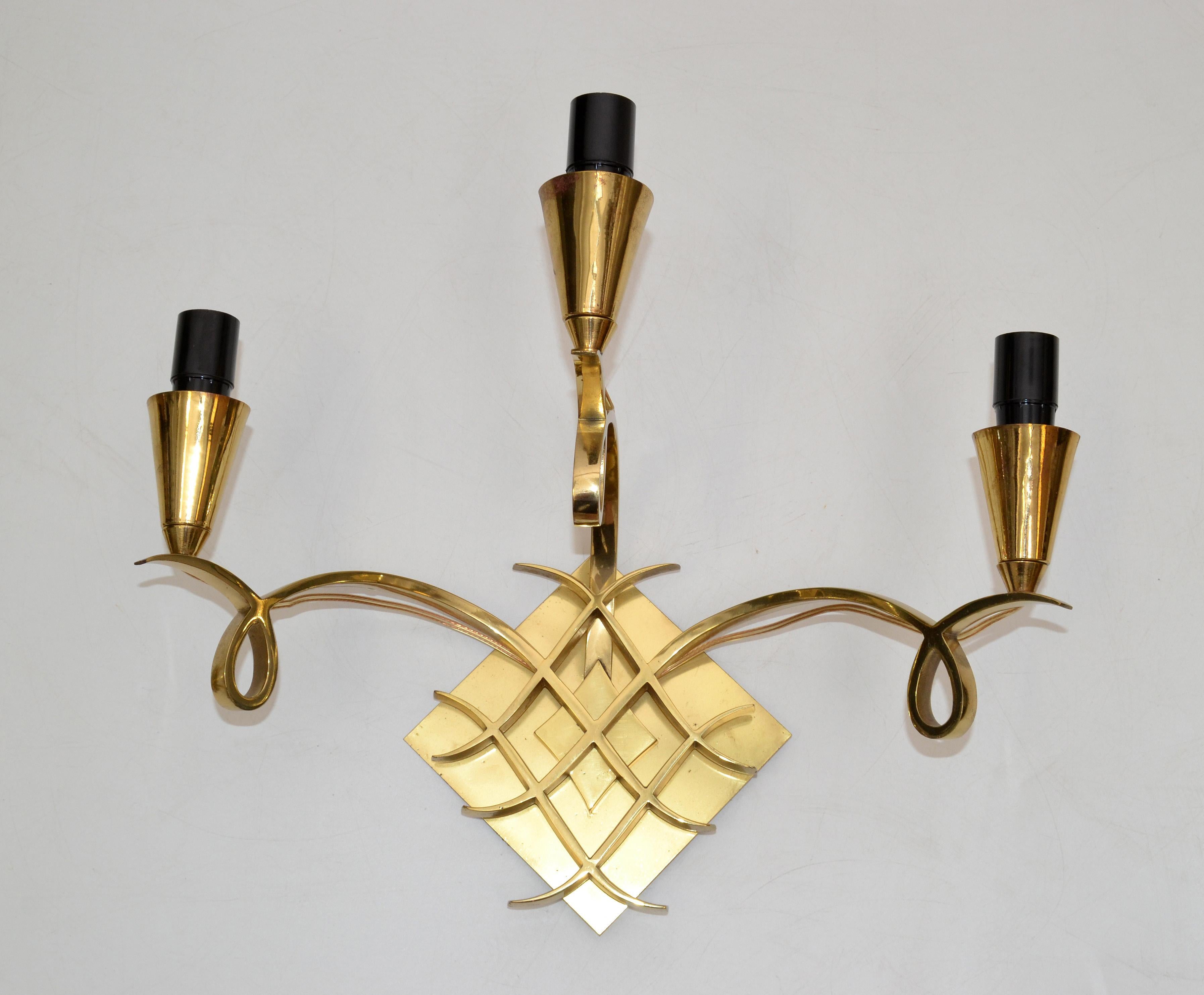 Jules Leleu Style Bronze Sconces 3 Arm Wall Lights France Black & Gold Shades For Sale 2