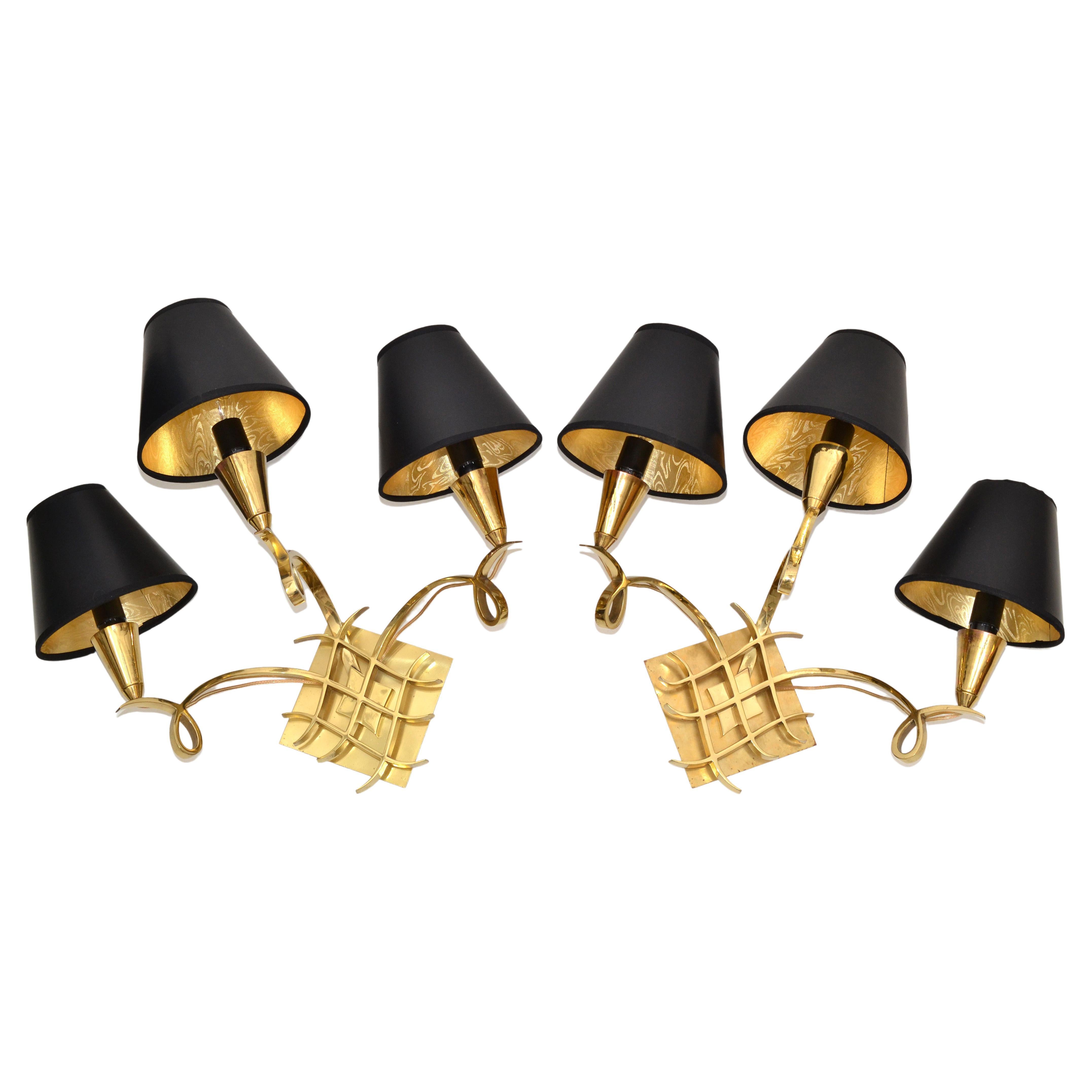Jules Leleu Style Bronze Sconces 3 Arm Wall Lights France Black & Gold Shades For Sale