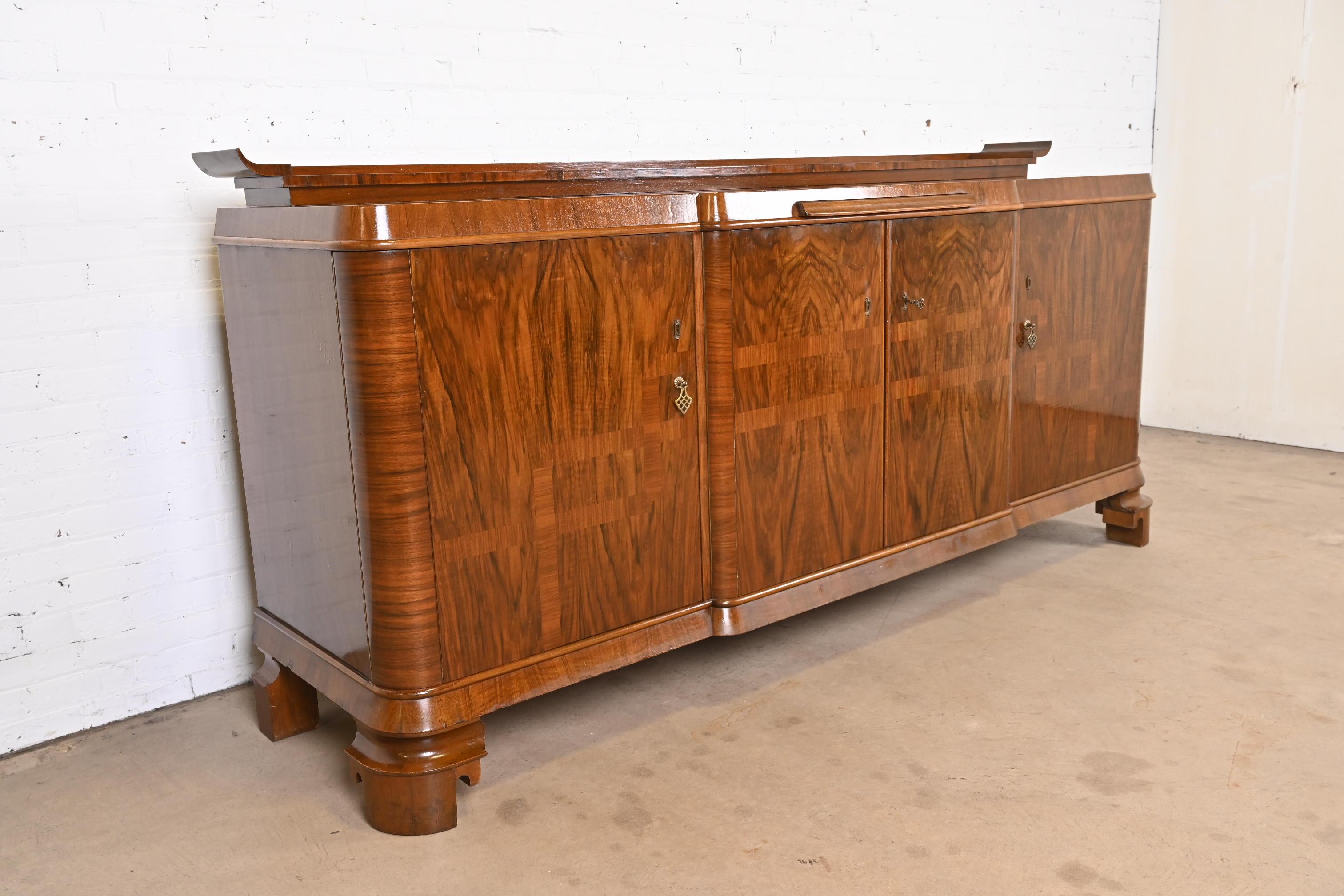 Jules Leleu Style French Art Deco Inlaid Burled Walnut Sideboard or Bar Cabinet In Good Condition For Sale In South Bend, IN
