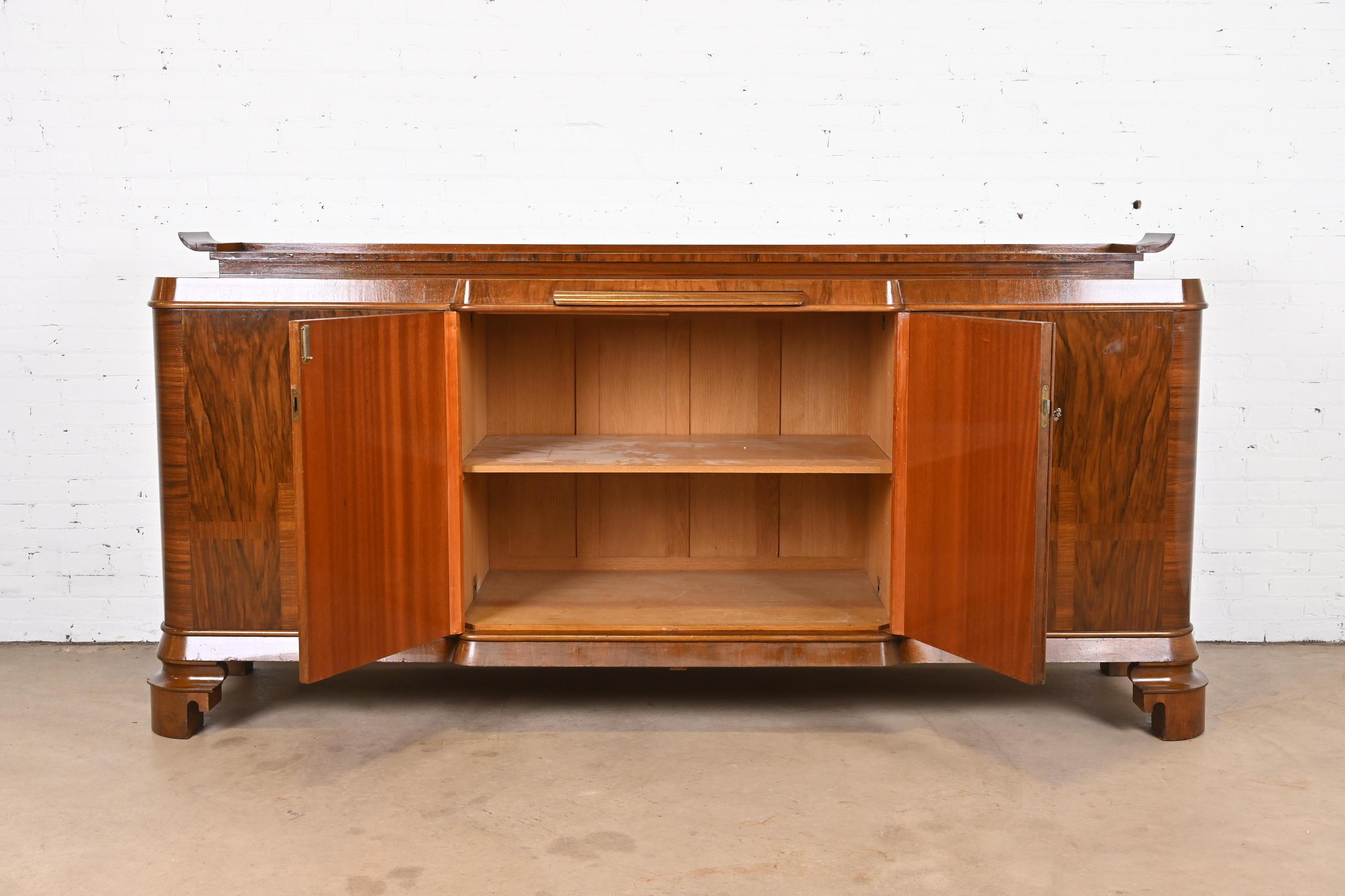 Marble Jules Leleu Style French Art Deco Inlaid Burled Walnut Sideboard or Bar Cabinet For Sale