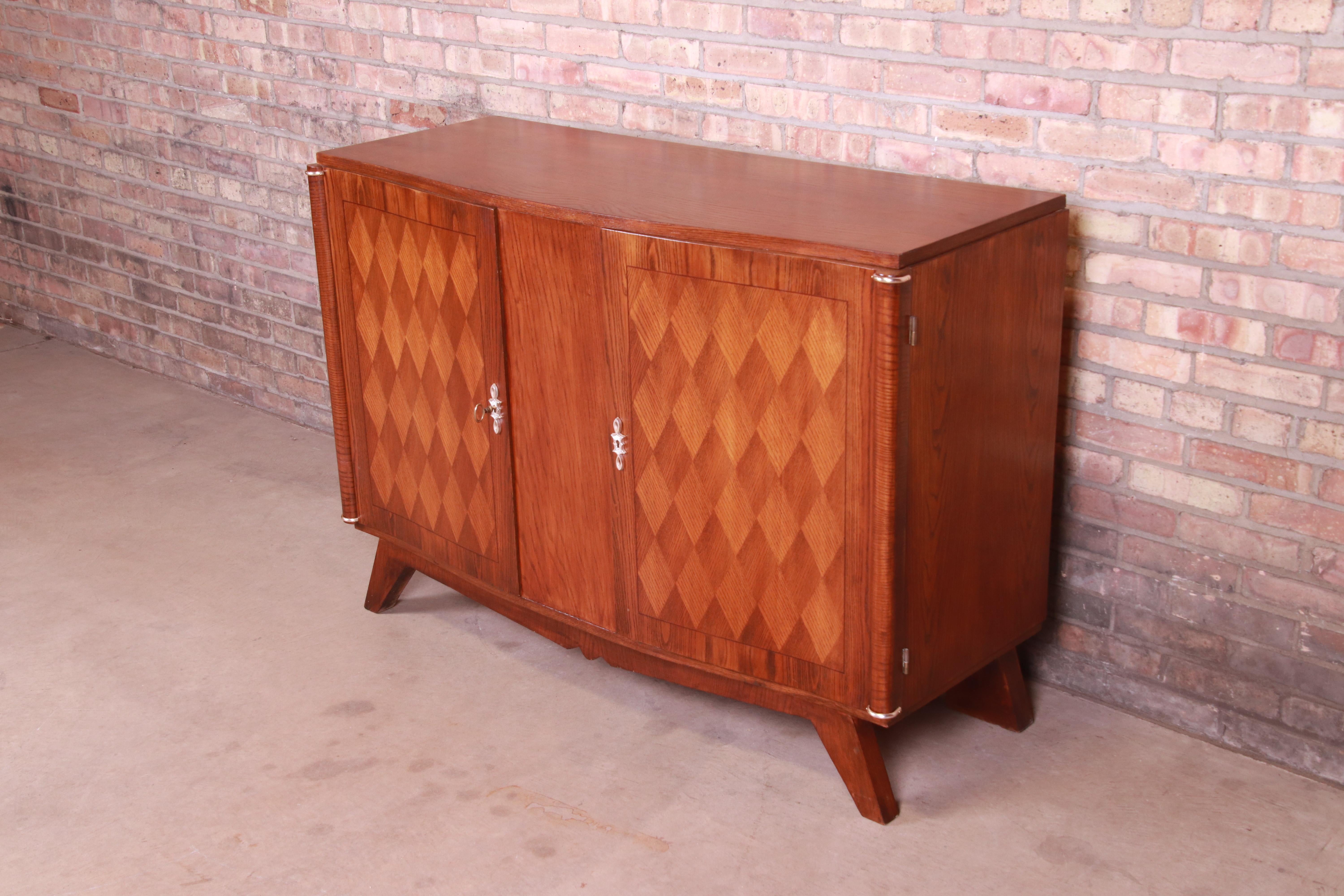 20th Century Jules Leleu Style French Art Deco Oak Parquetry Sideboard or Bar Cabinet