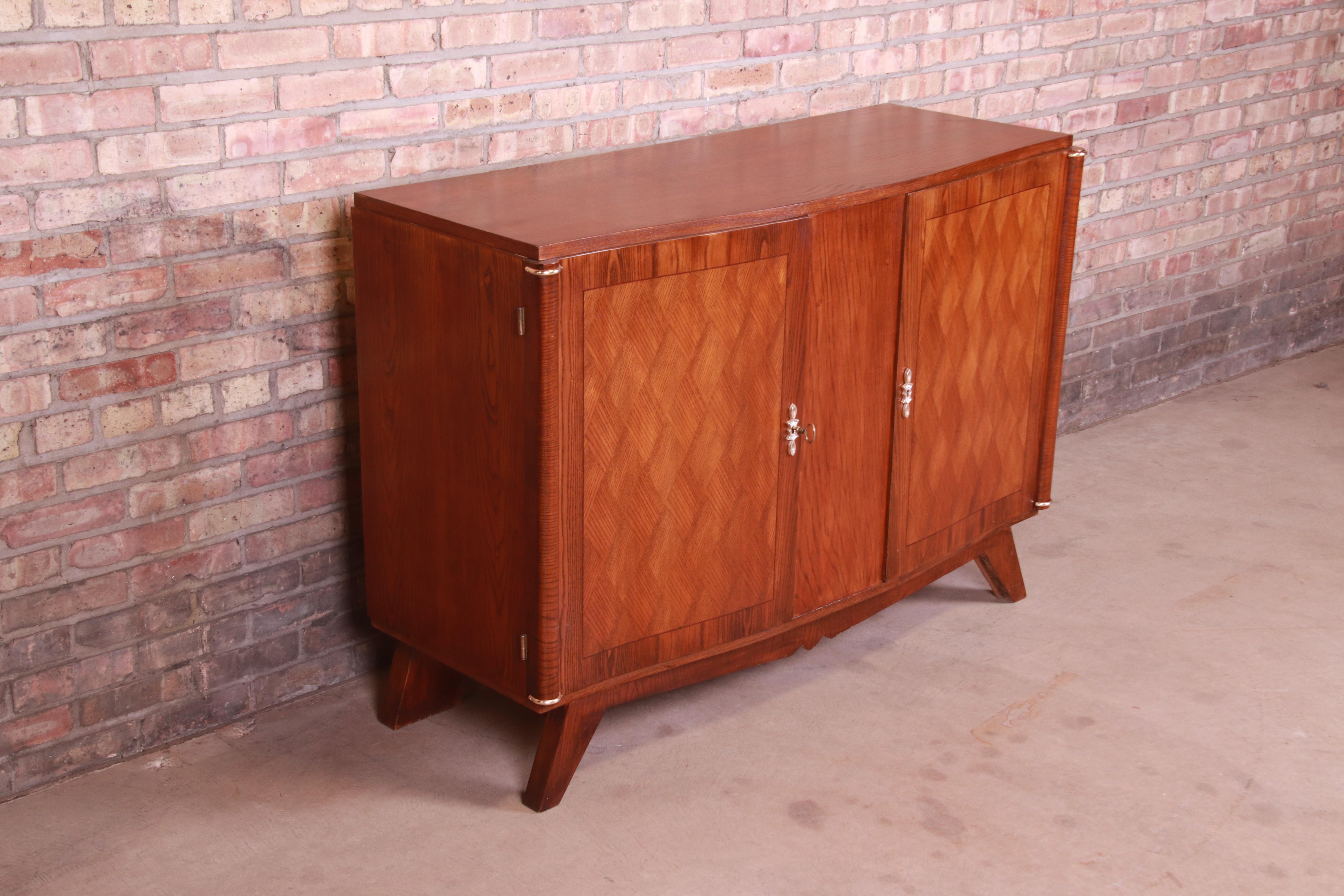 Brass Jules Leleu Style French Art Deco Oak Parquetry Sideboard or Bar Cabinet