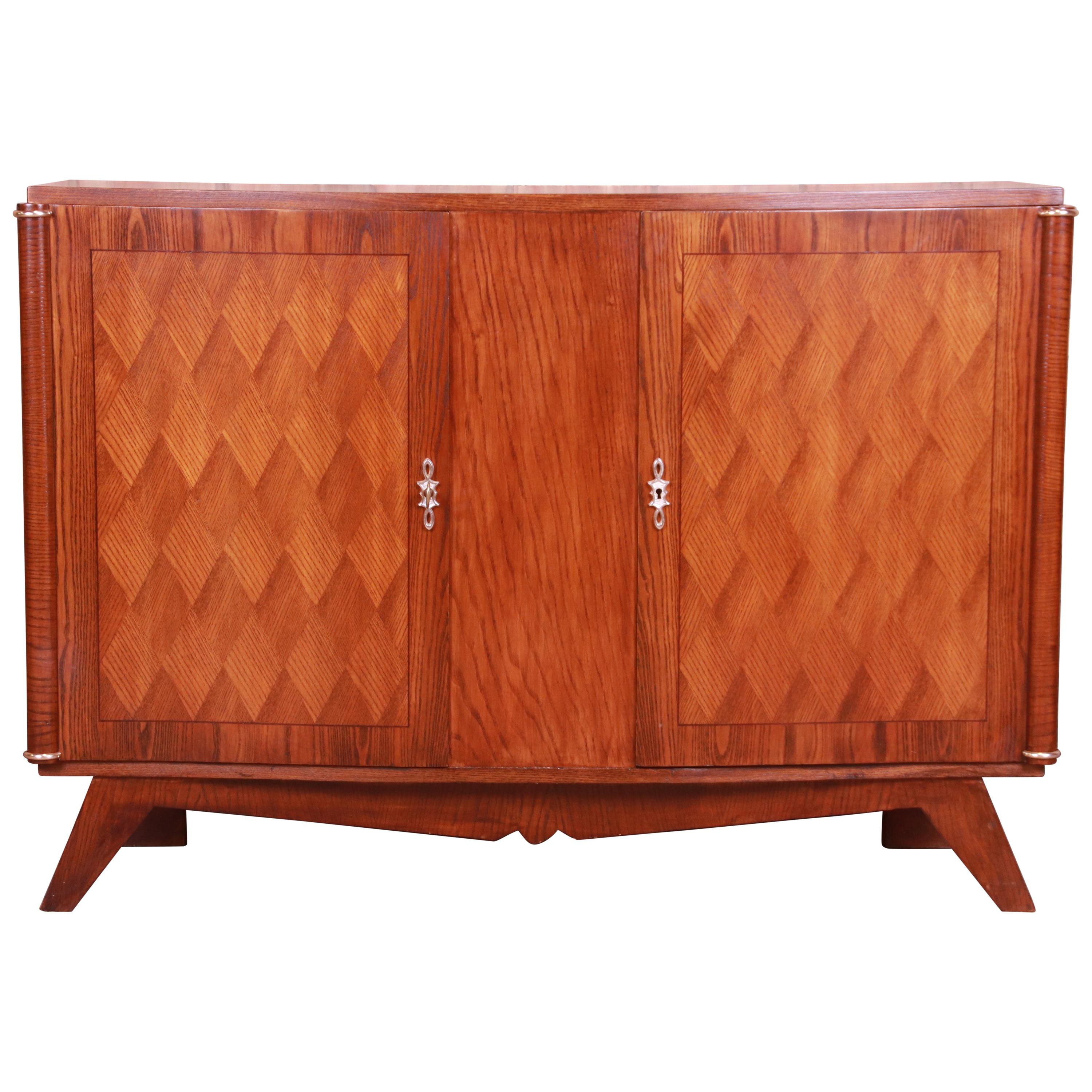 Jules Leleu Style French Art Deco Oak Parquetry Sideboard or Bar Cabinet