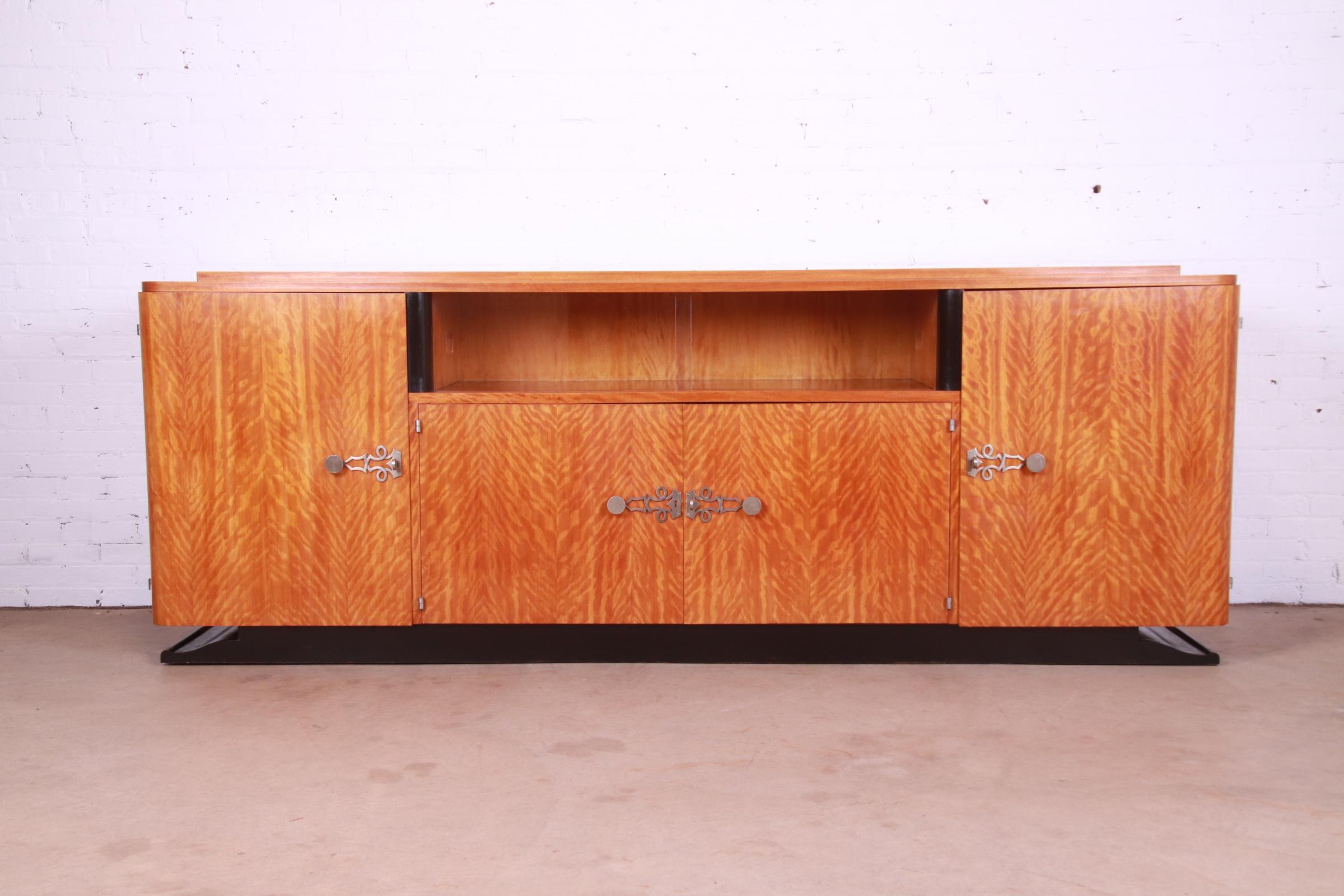 Jules Leleu Style French Art Deco Satinwood Monumental Sideboard or Bar Cabinet In Good Condition In South Bend, IN