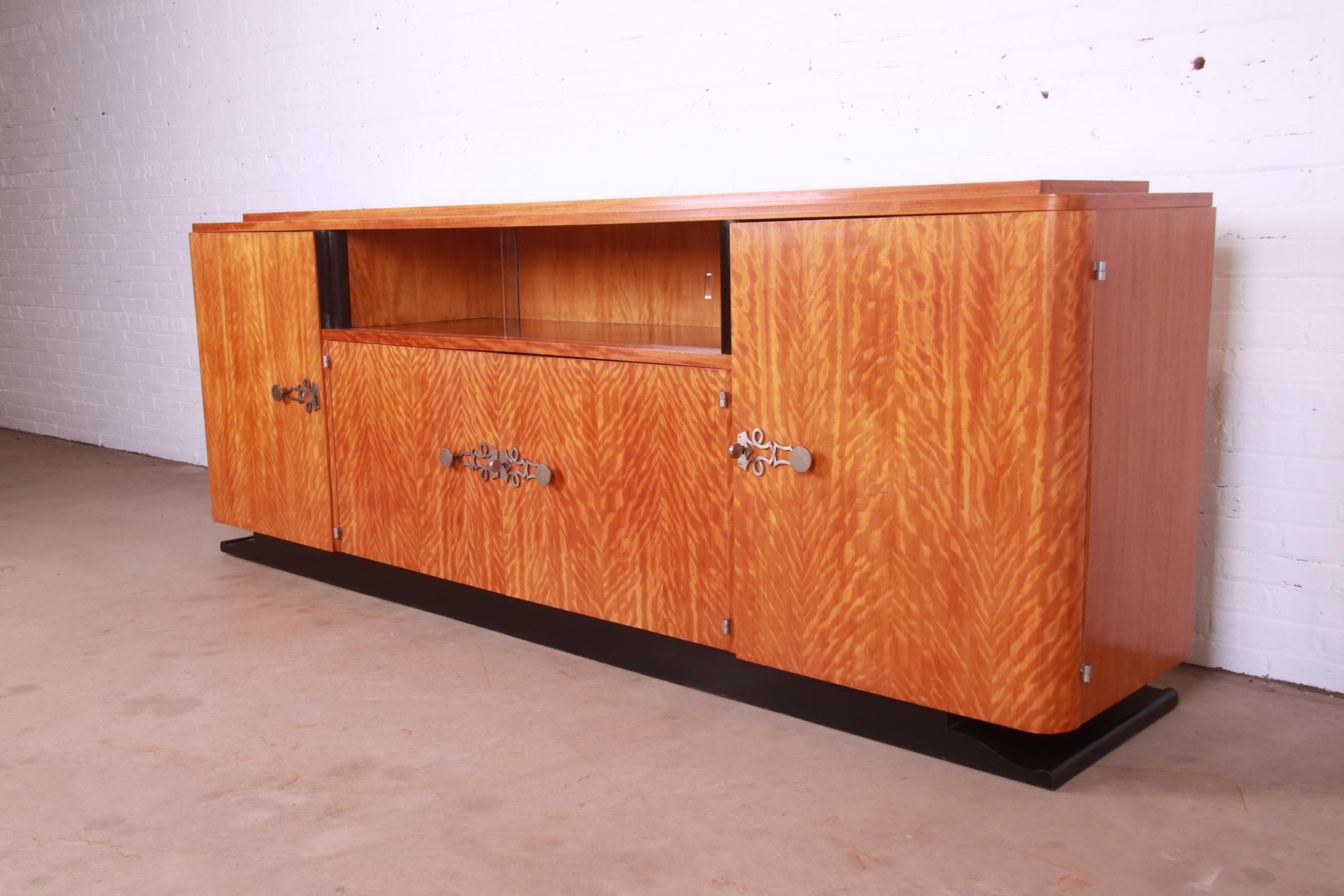 Mid-20th Century Jules Leleu Style French Art Deco Satinwood Monumental Sideboard or Bar Cabinet