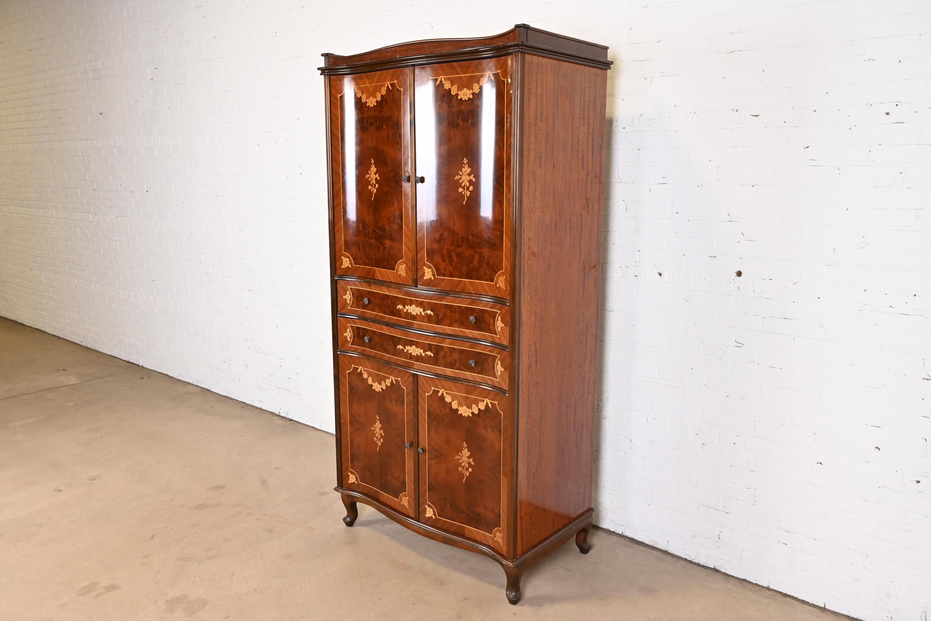 French Provincial Jules Leleu Style French Continental Inlaid Burled Mahogany Armoire Dresser