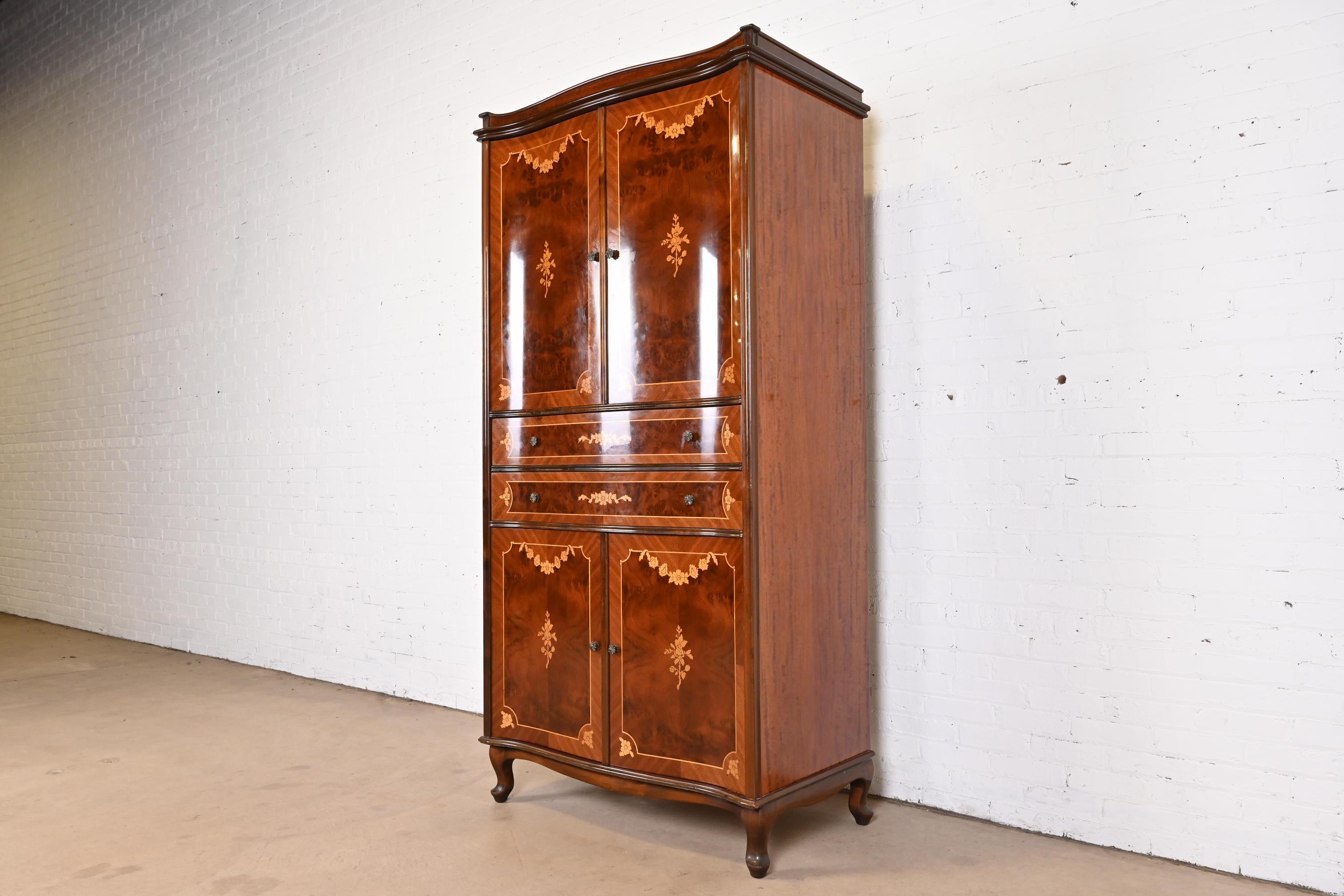 Hungarian Jules Leleu Style French Continental Inlaid Burled Mahogany Armoire Dresser