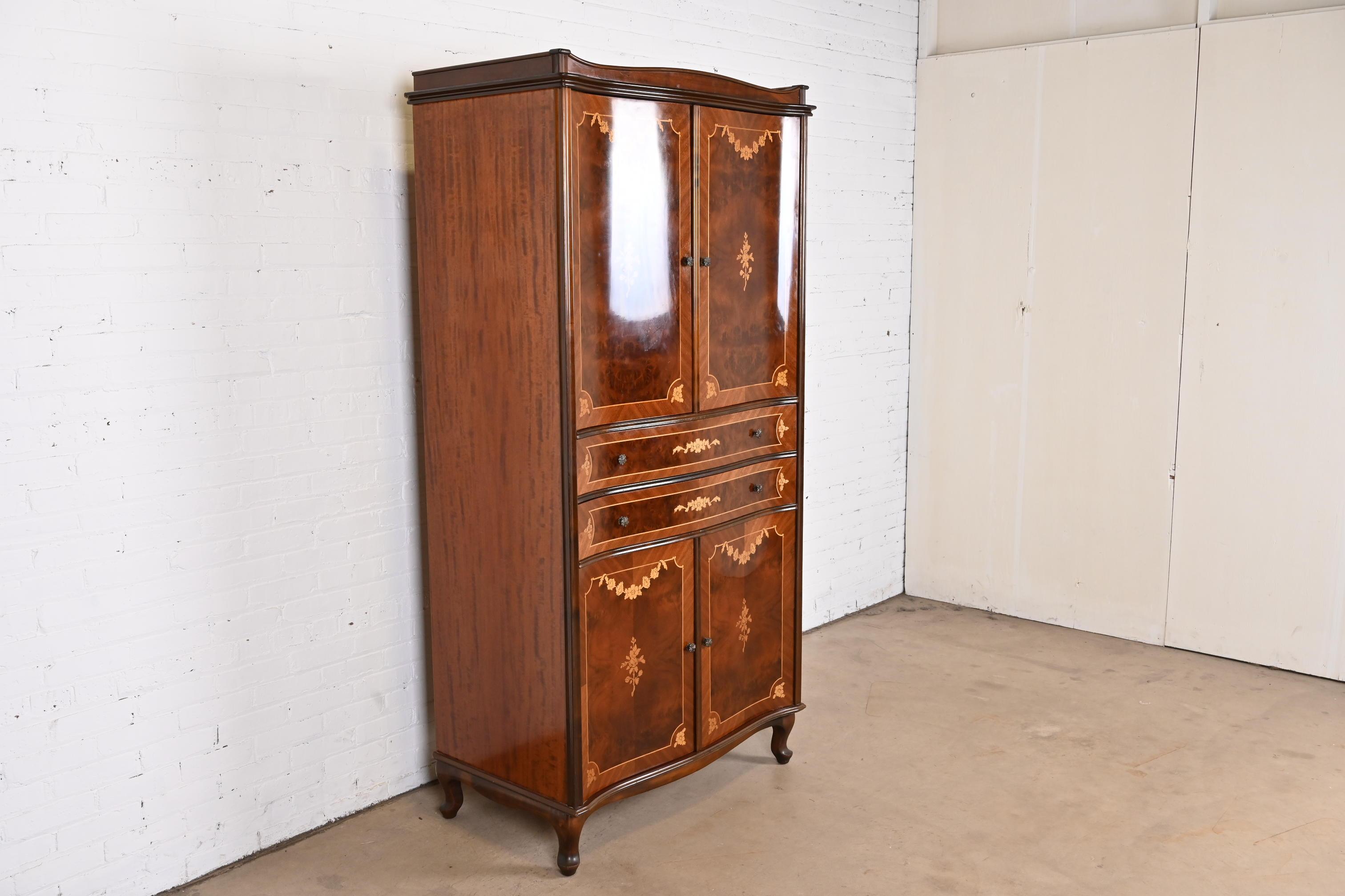 Jules Leleu Style French Continental Inlaid Burled Mahogany Armoire Dresser In Good Condition In South Bend, IN