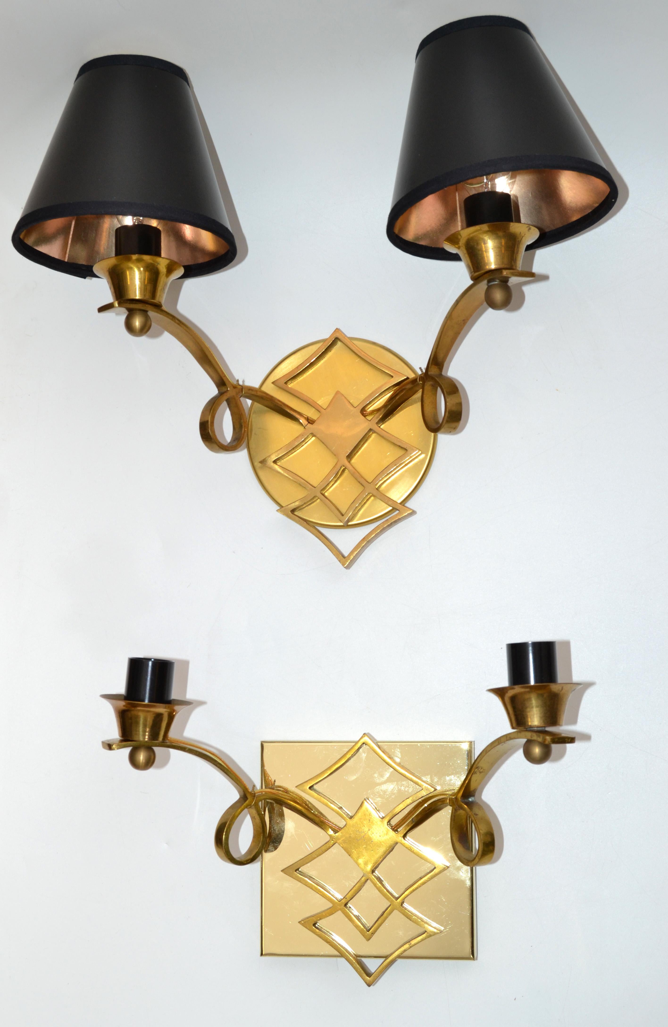Jules Leleu Style French Neoclassical Brass Sconces, Wall Lights, Pair For Sale 8