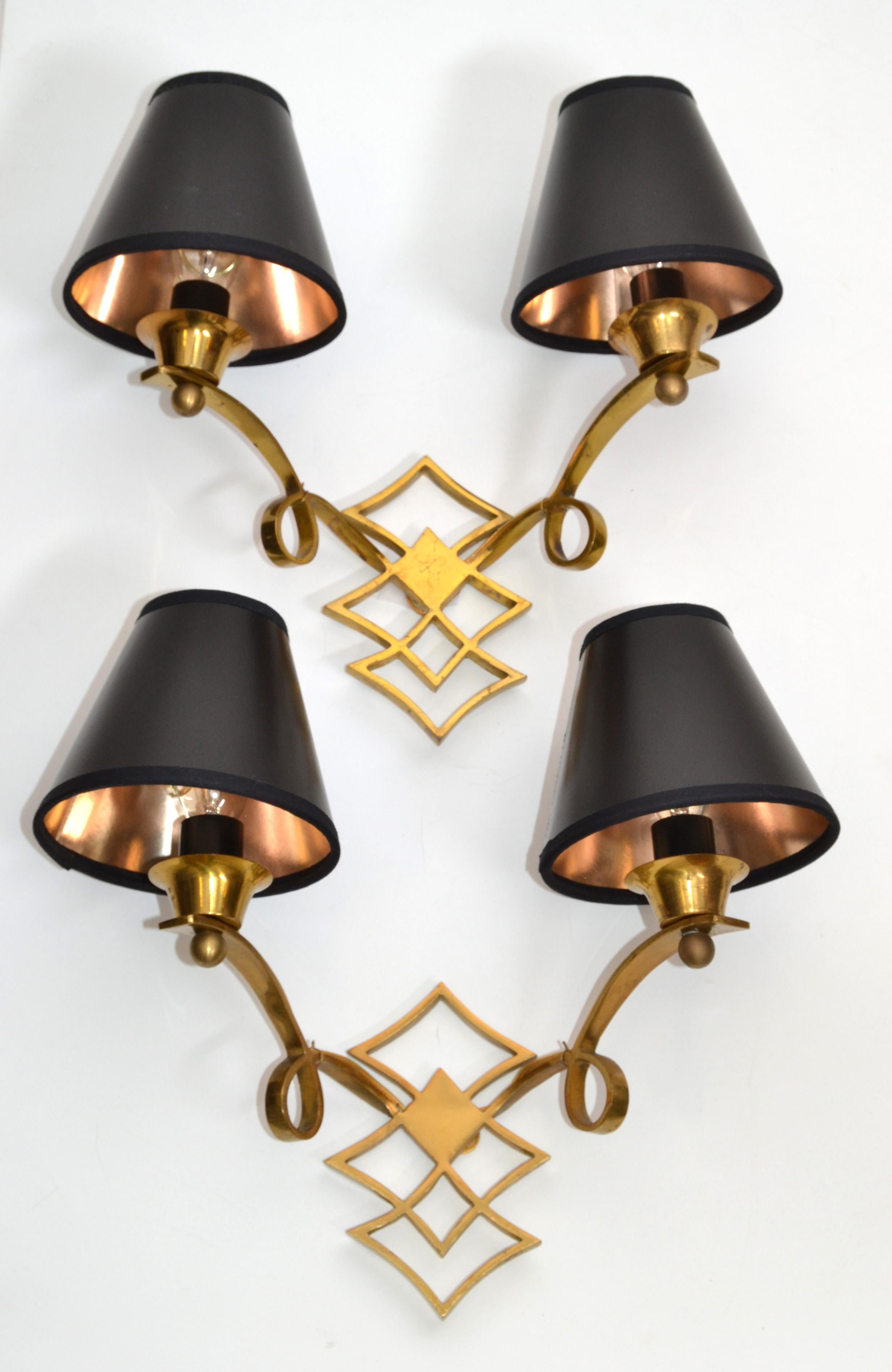 Jules Leleu Style French Neoclassical Brass Sconces, Wall Lights, Pair For Sale 9