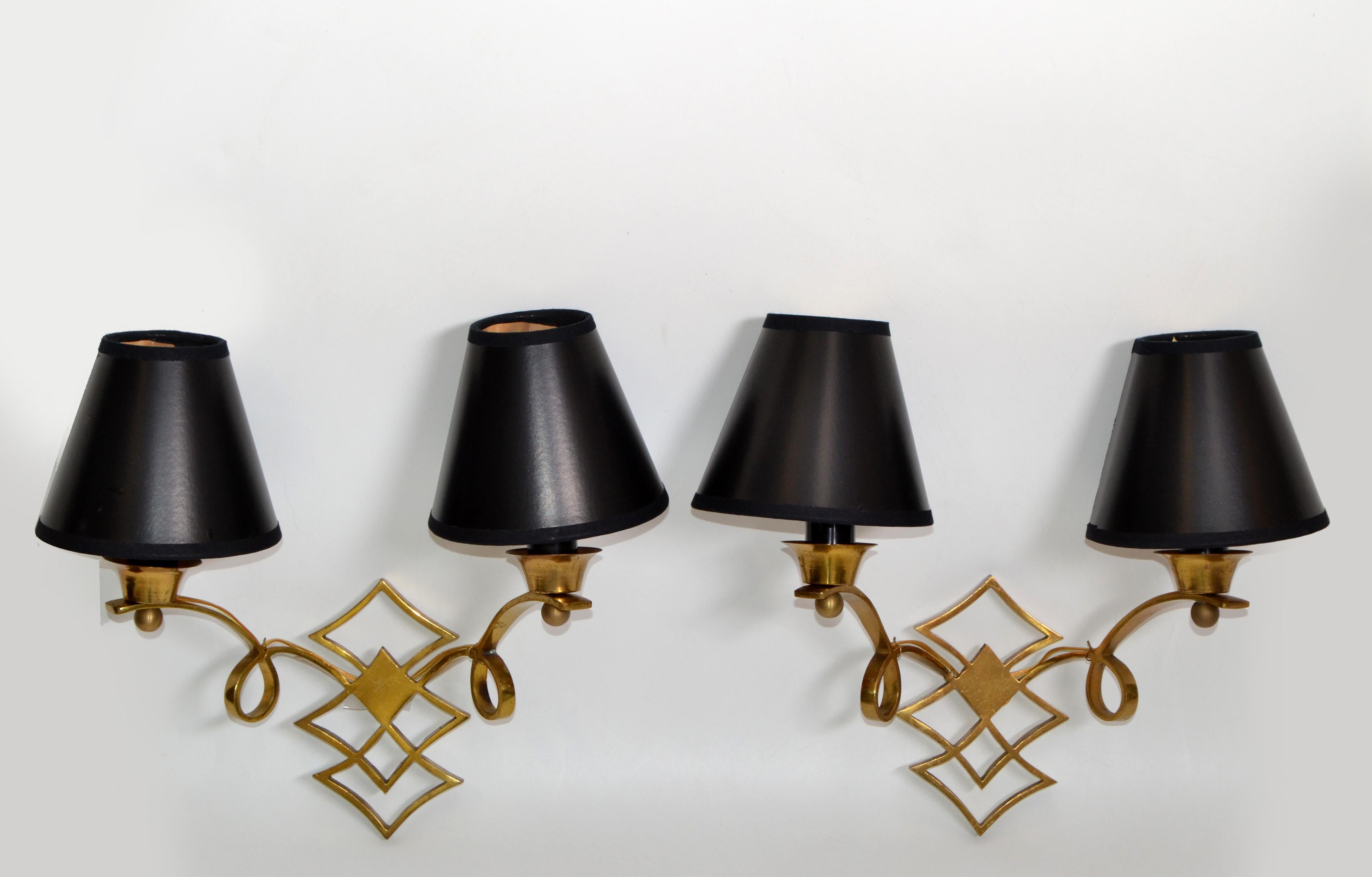 Patinated Jules Leleu Style French Neoclassical Brass Sconces, Wall Lights, Pair For Sale