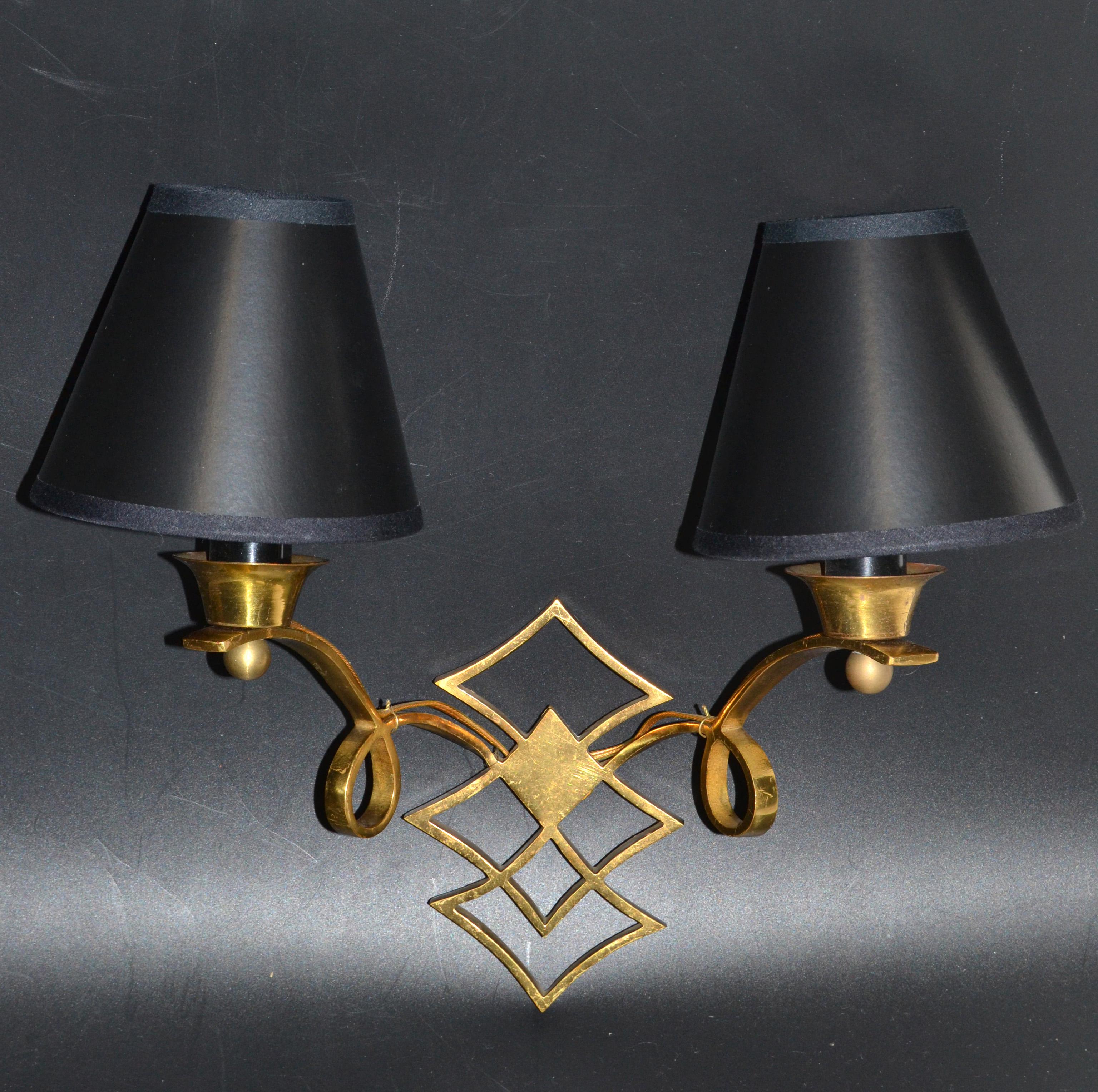 Jules Leleu Style French Neoclassical Brass Sconces, Wall Lights, Pair In Good Condition For Sale In Miami, FL
