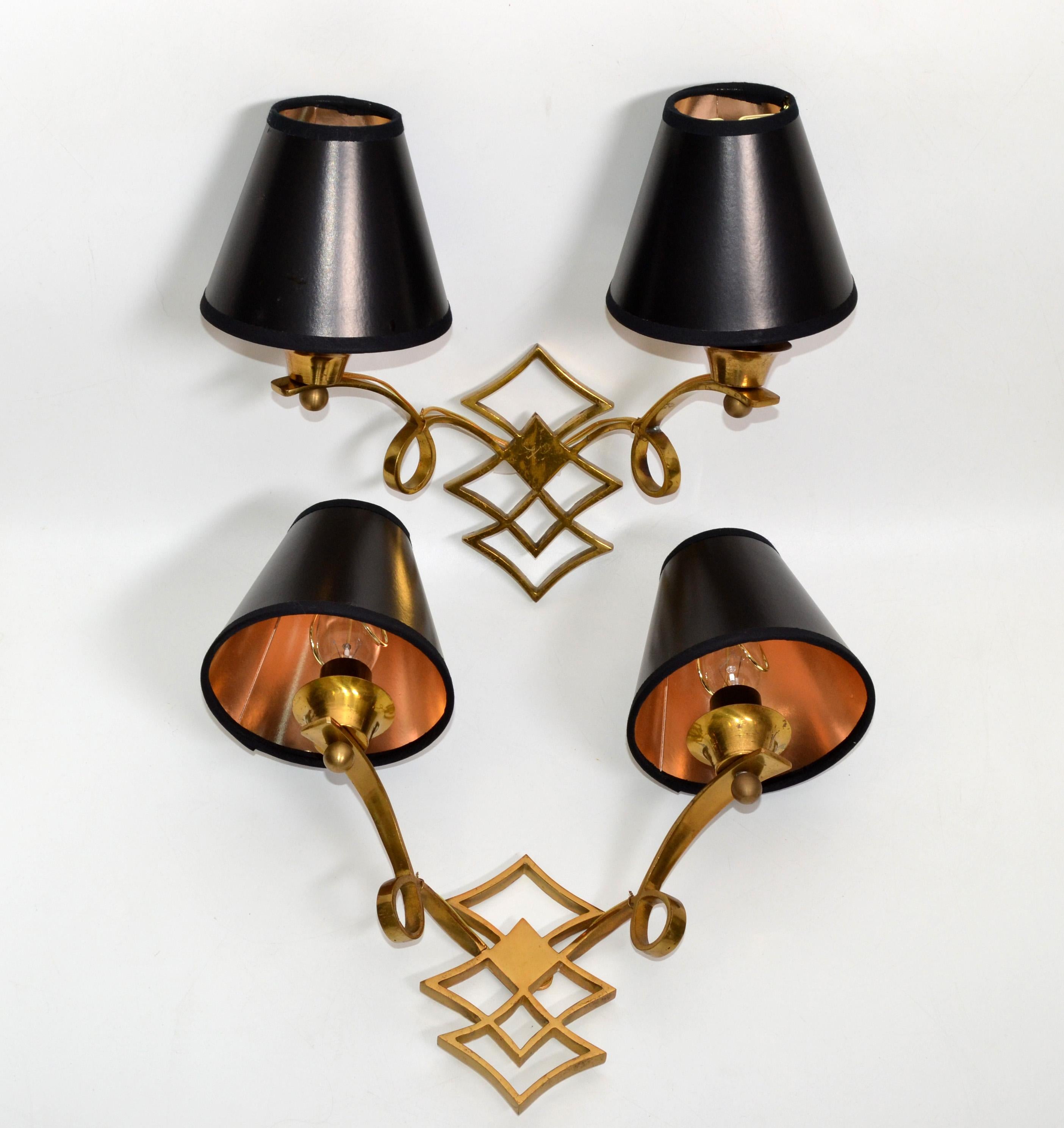 20th Century Jules Leleu Style French Neoclassical Brass Sconces, Wall Lights, Pair For Sale