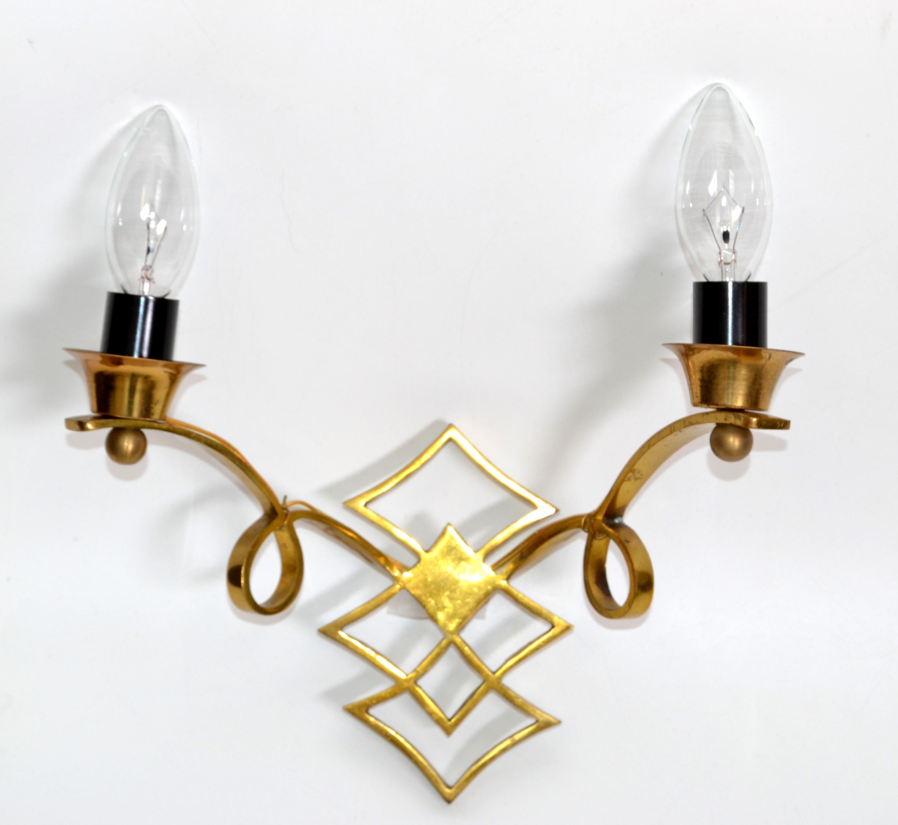 Jules Leleu Style French Neoclassical Brass Sconces, Wall Lights, Pair For Sale 1