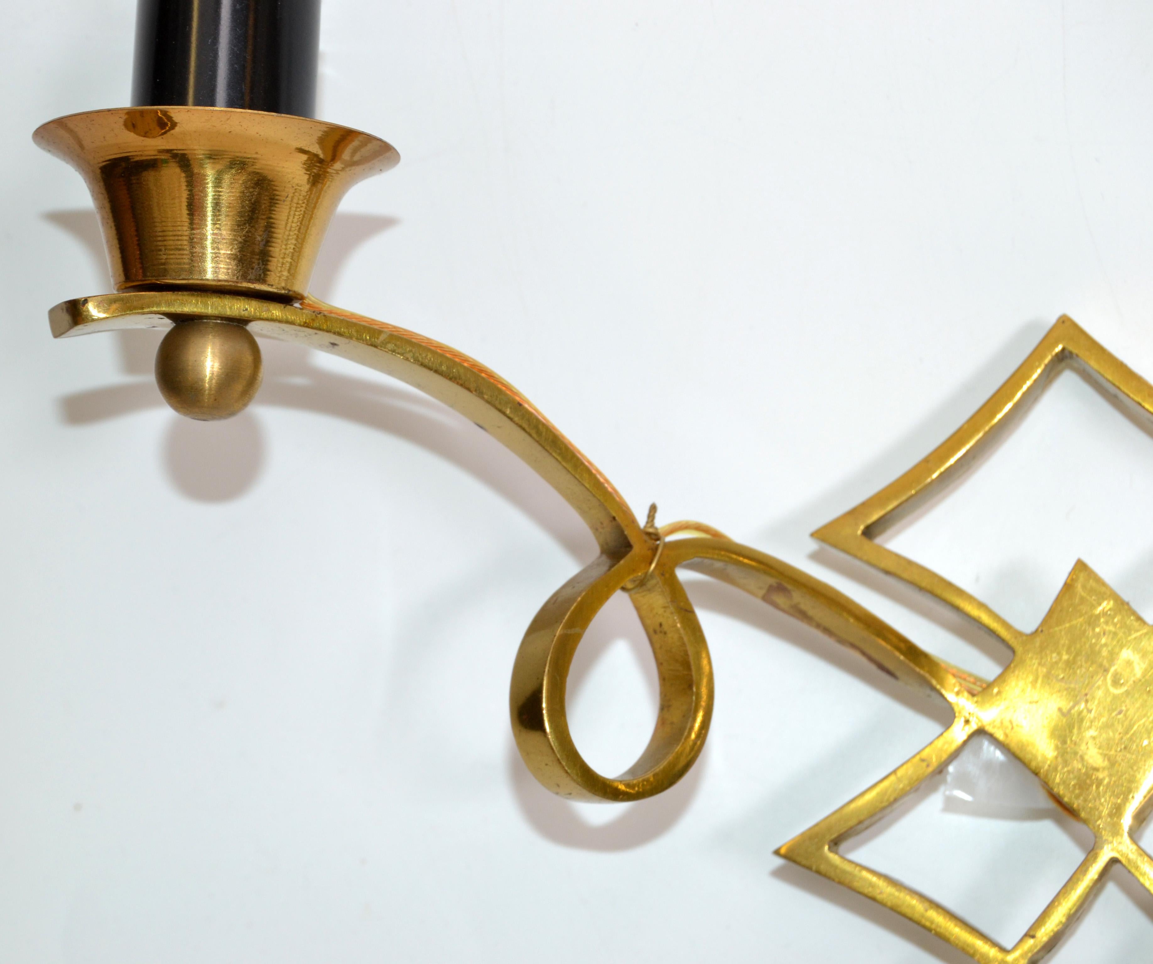Jules Leleu Style French Neoclassical Brass Sconces, Wall Lights, Pair For Sale 4