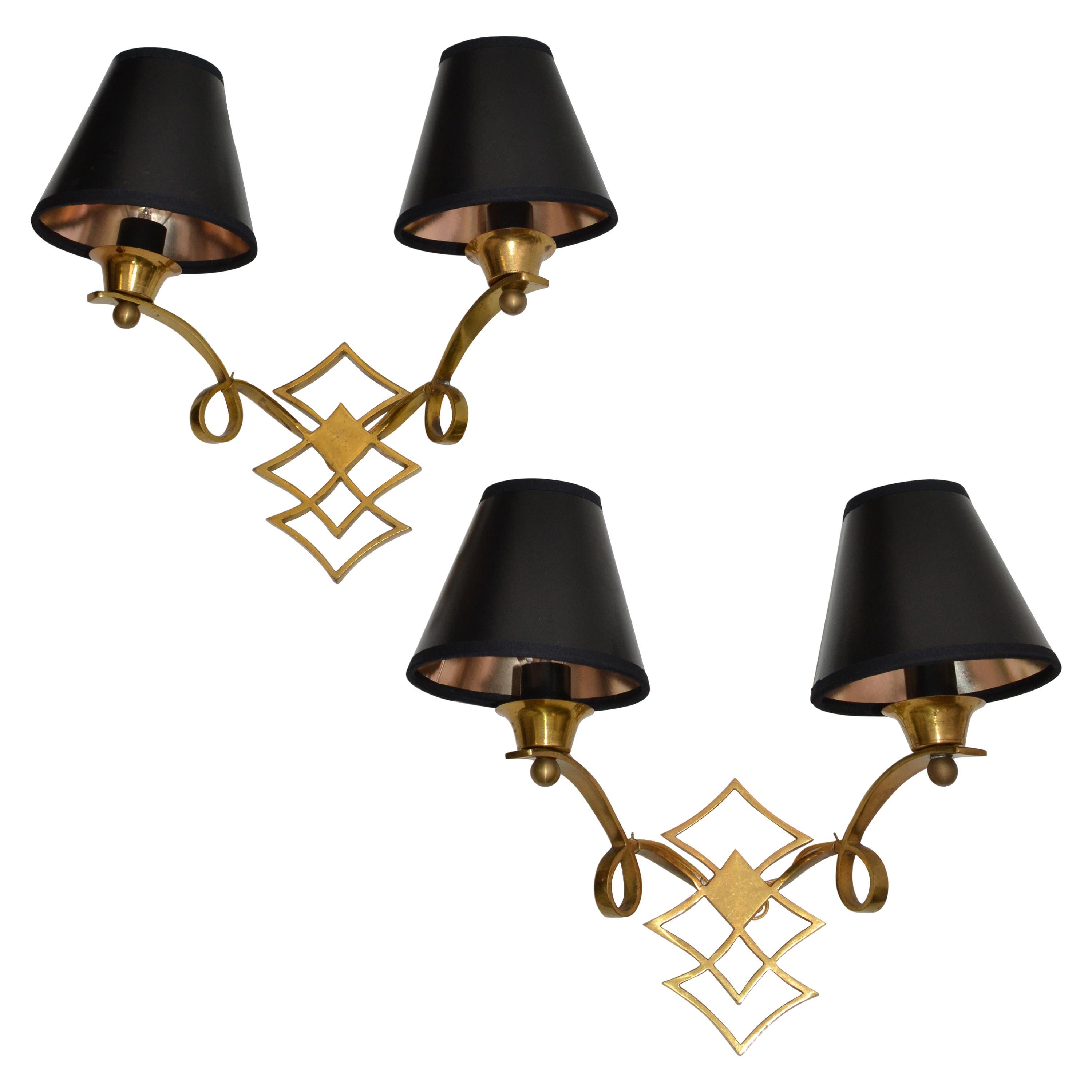 Jules Leleu Style French Neoclassical Brass Sconces, Wall Lights, Pair For Sale