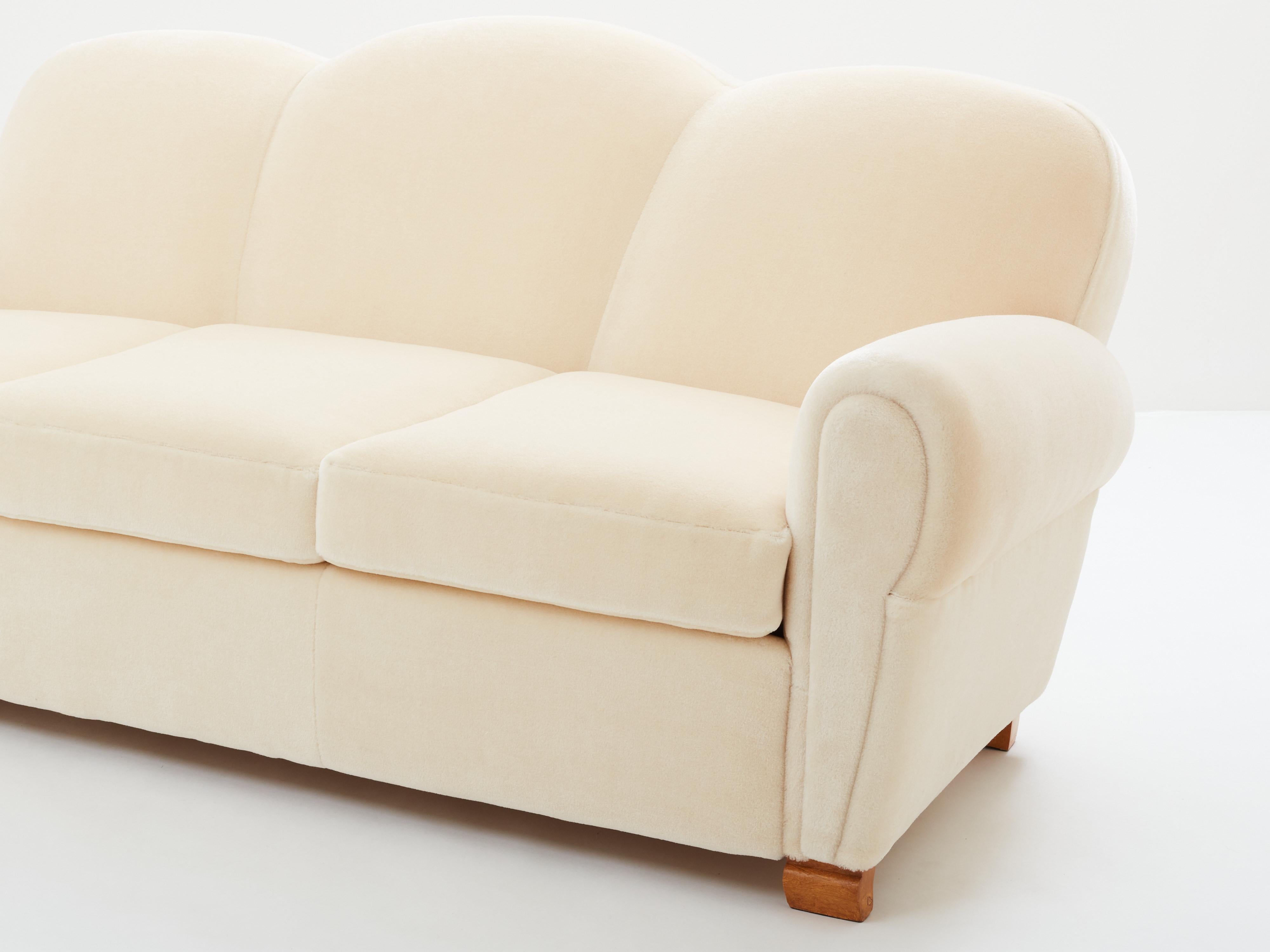 Art Deco Jules Leleu three seater sofa mohair velvet 1940s For Sale