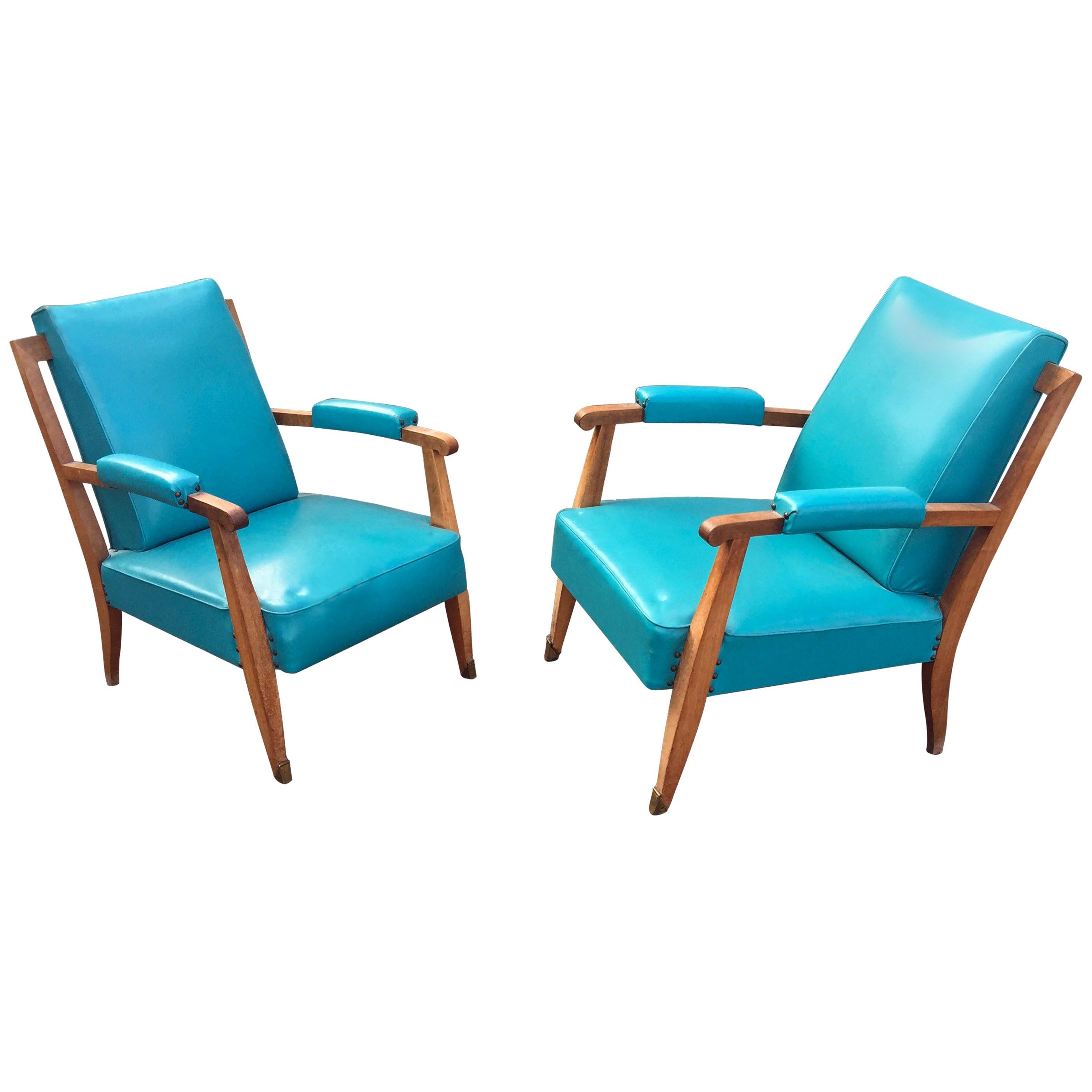 Jules Leleu, two Art Deco, Mahogany and Faux Leather Armchairs