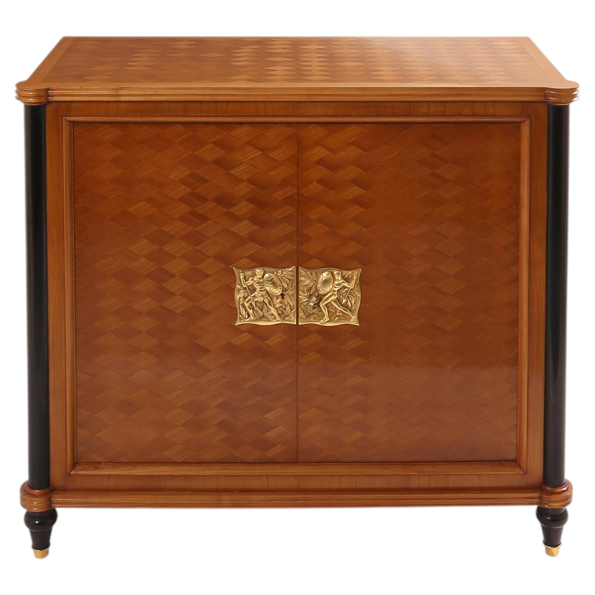 Jules Leleu two doors cabinet cherry wood marquetry bronze 1940 For Sale