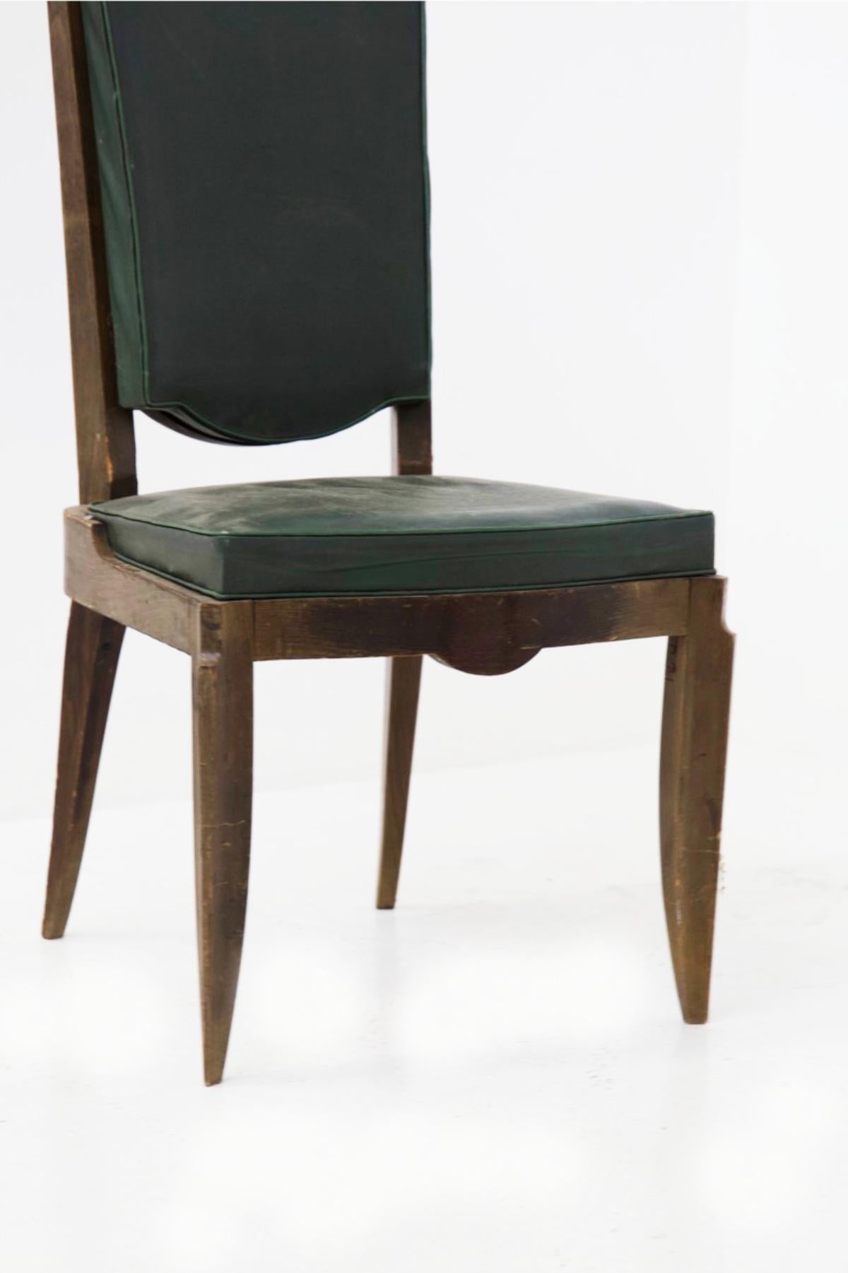 Jules Leleu Vintage Chairs in Wood and Green Leather For Sale 5