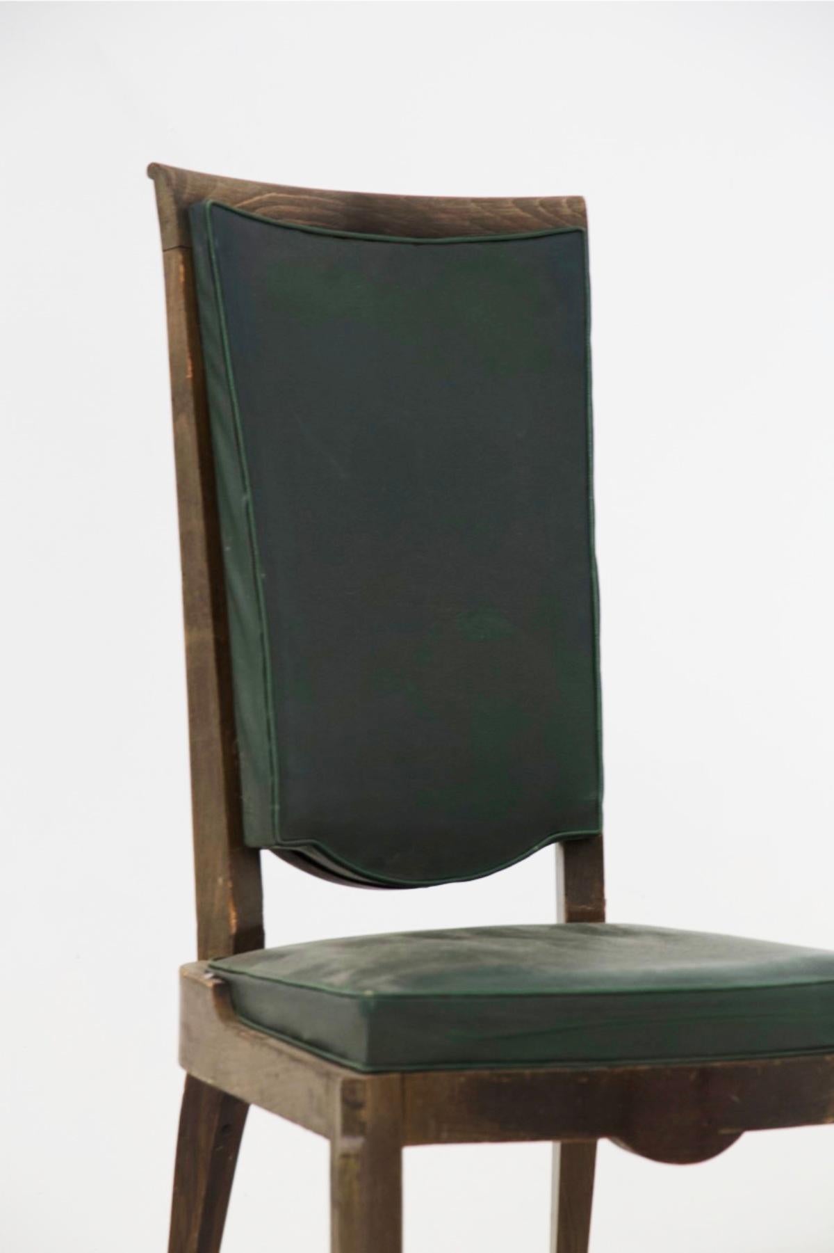 Jules Leleu Vintage Chairs in Wood and Green Leather For Sale 6