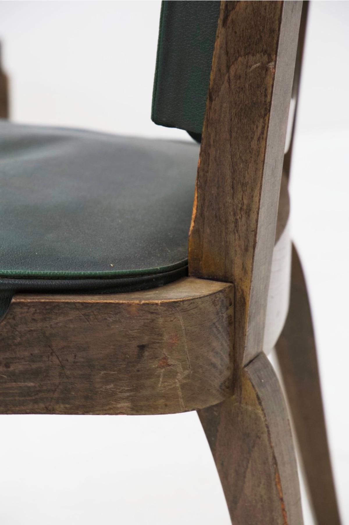 Jules Leleu Vintage Chairs in Wood and Green Leather For Sale 7