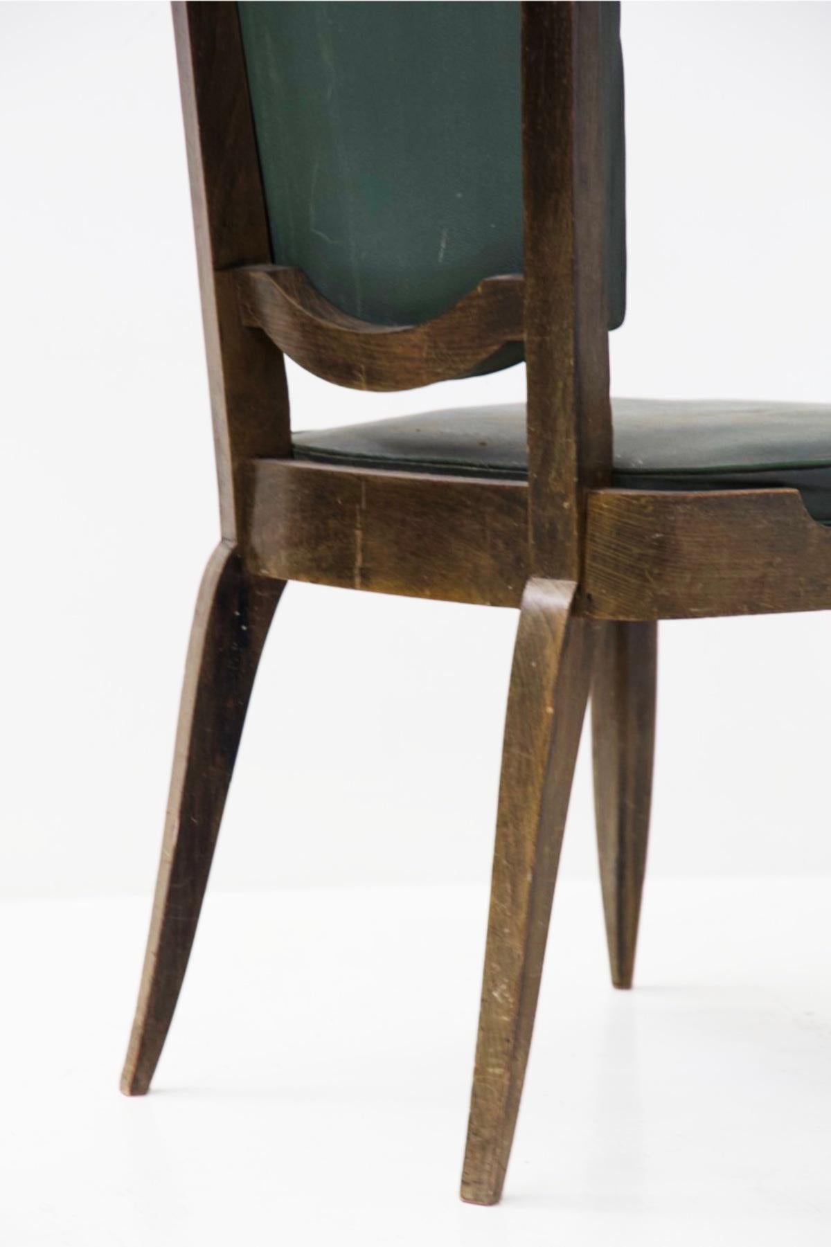 Jules Leleu Vintage Chairs in Wood and Green Leather For Sale 9