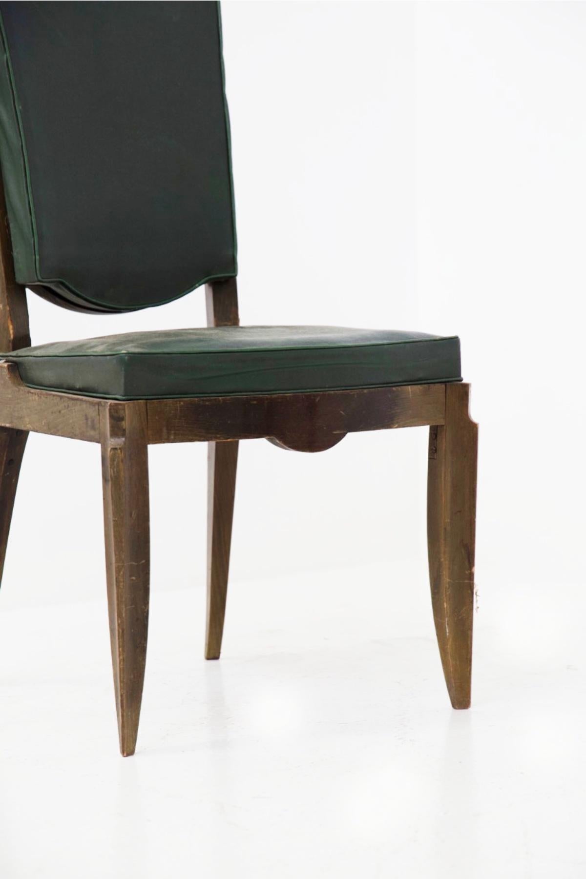 Jules Leleu Vintage Chairs in Wood and Green Leather For Sale 11