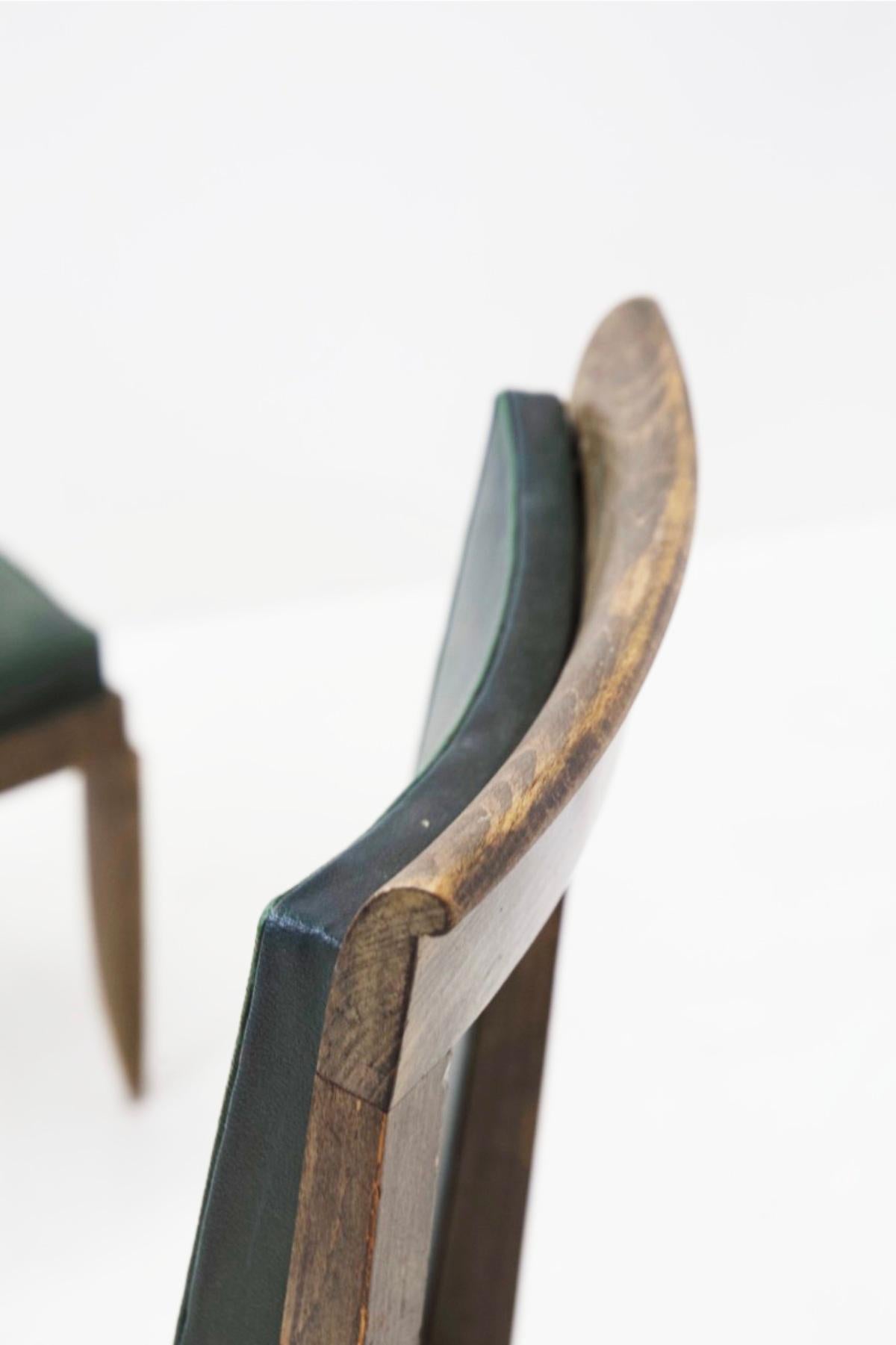 Jules Leleu Vintage Chairs in Wood and Green Leather For Sale 14
