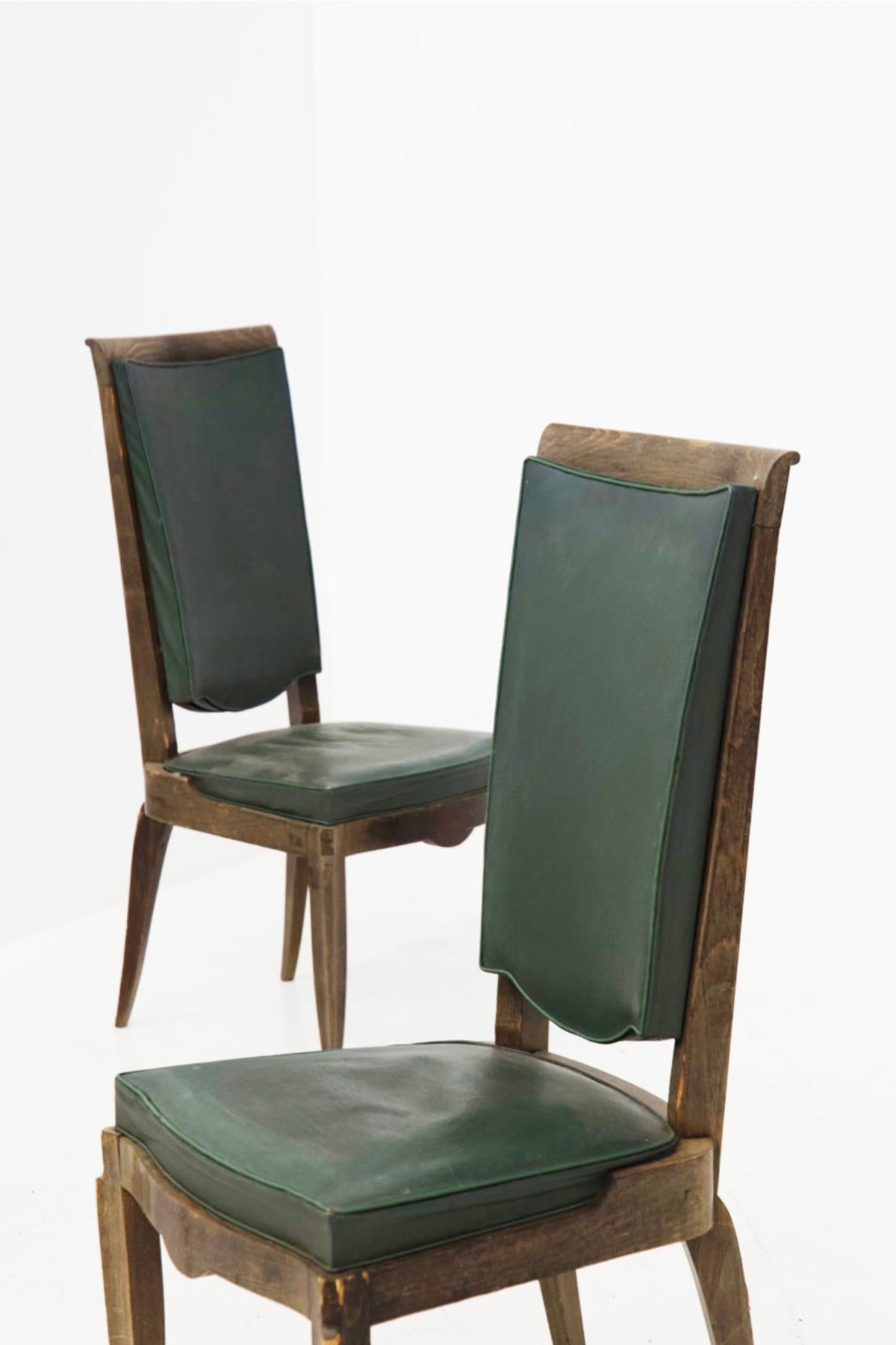 Mid-Century Modern Jules Leleu Vintage Chairs in Wood and Green Leather For Sale
