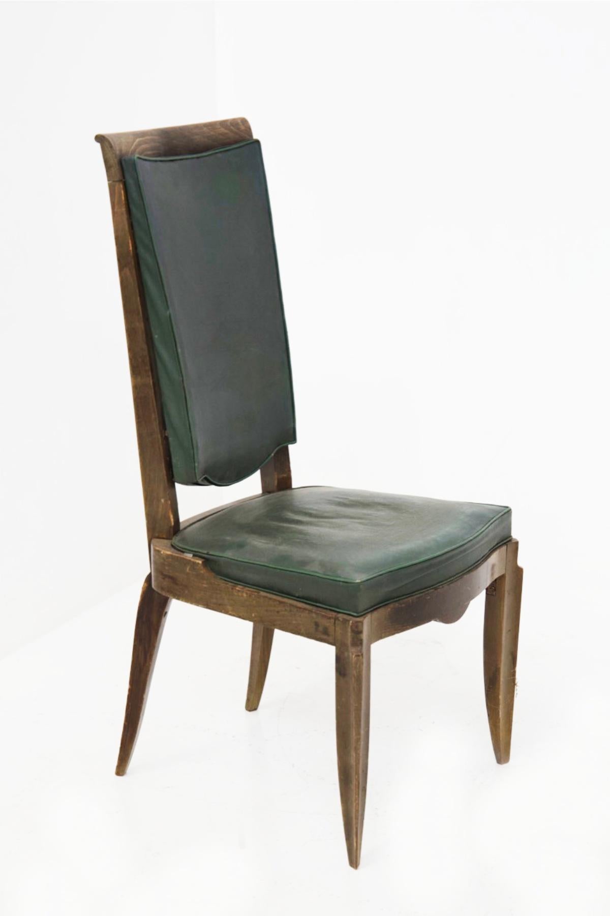 French Jules Leleu Vintage Chairs in Wood and Green Leather For Sale