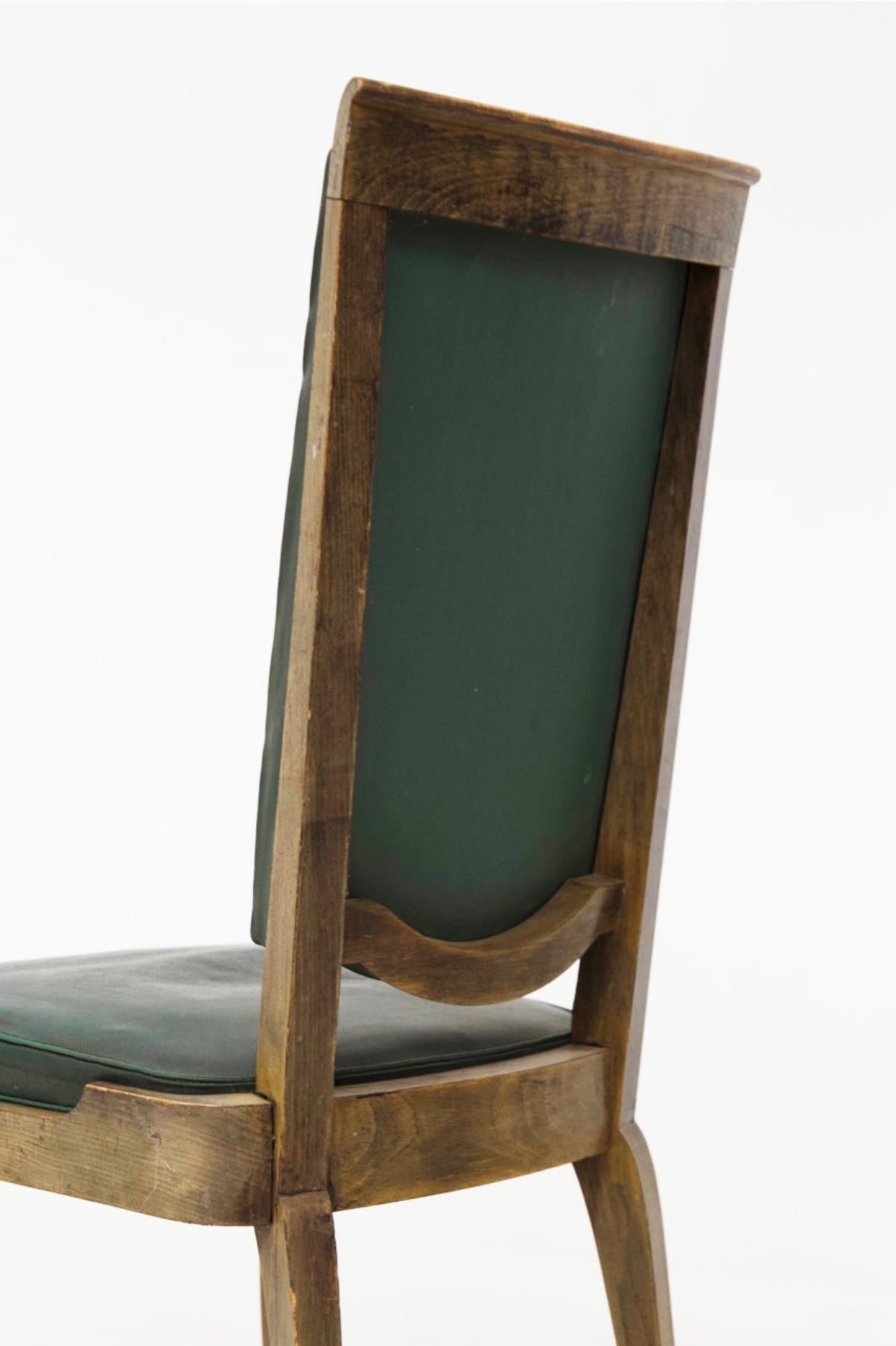Jules Leleu Vintage Chairs in Wood and Green Leather For Sale 2