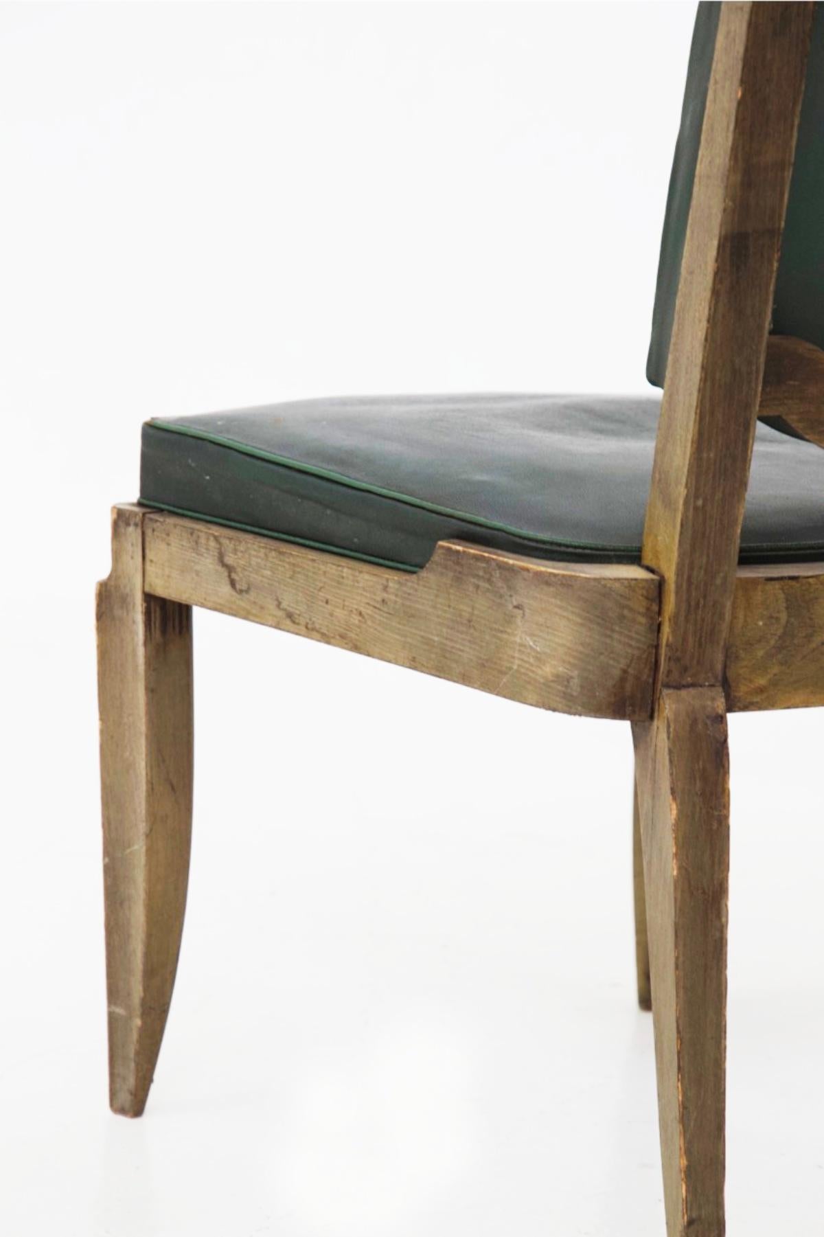 Jules Leleu Vintage Chairs in Wood and Green Leather For Sale 3