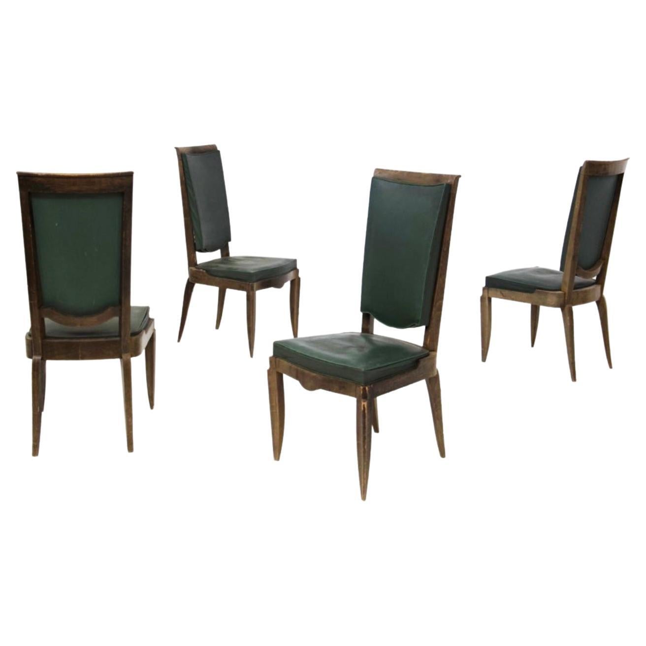 Jules Leleu Vintage Chairs in Wood and Green Leather For Sale
