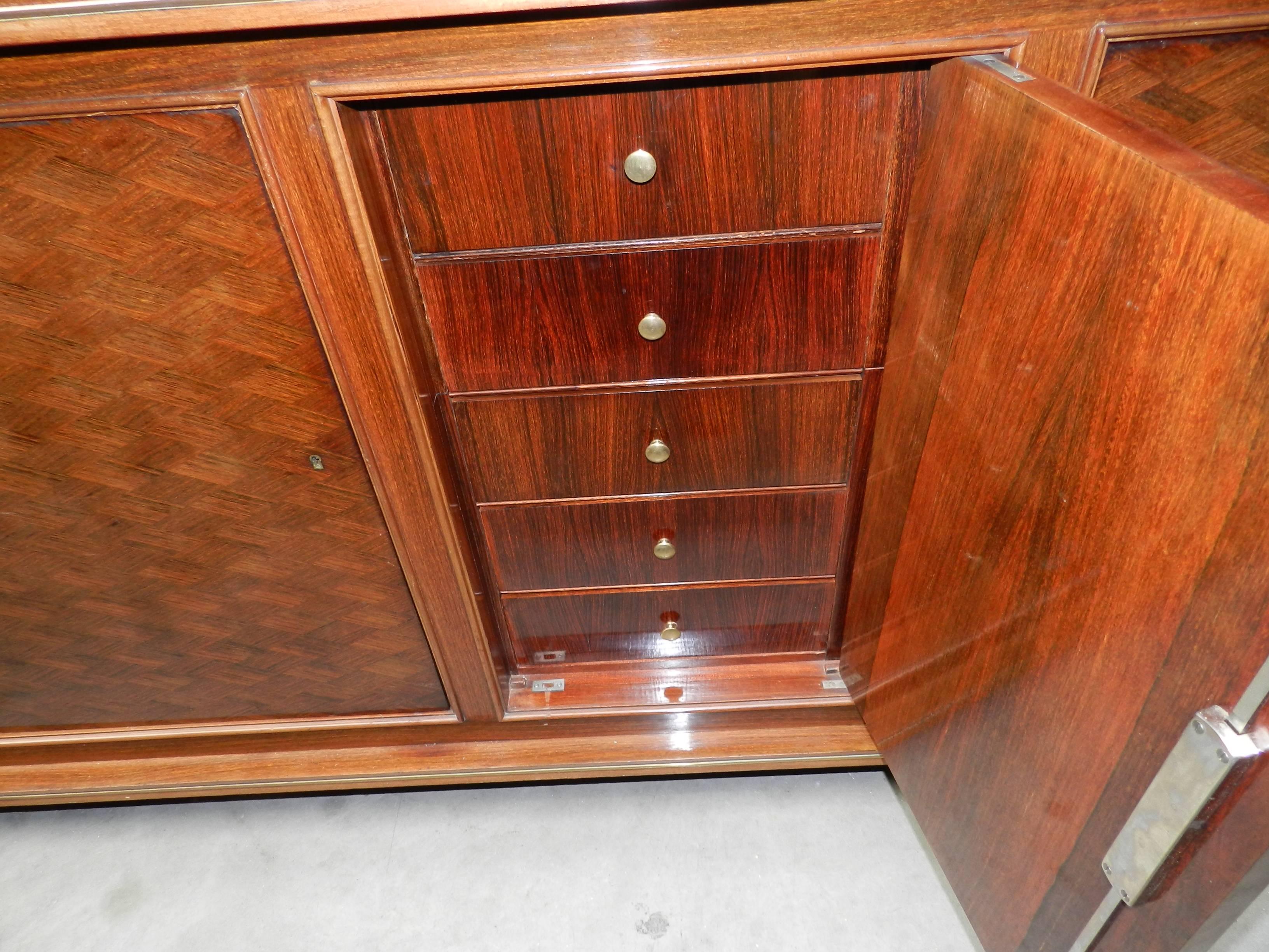 20th Century Jules Leleu, Walnut Sideboard with Three Diamond Marquetry Design Doors For Sale